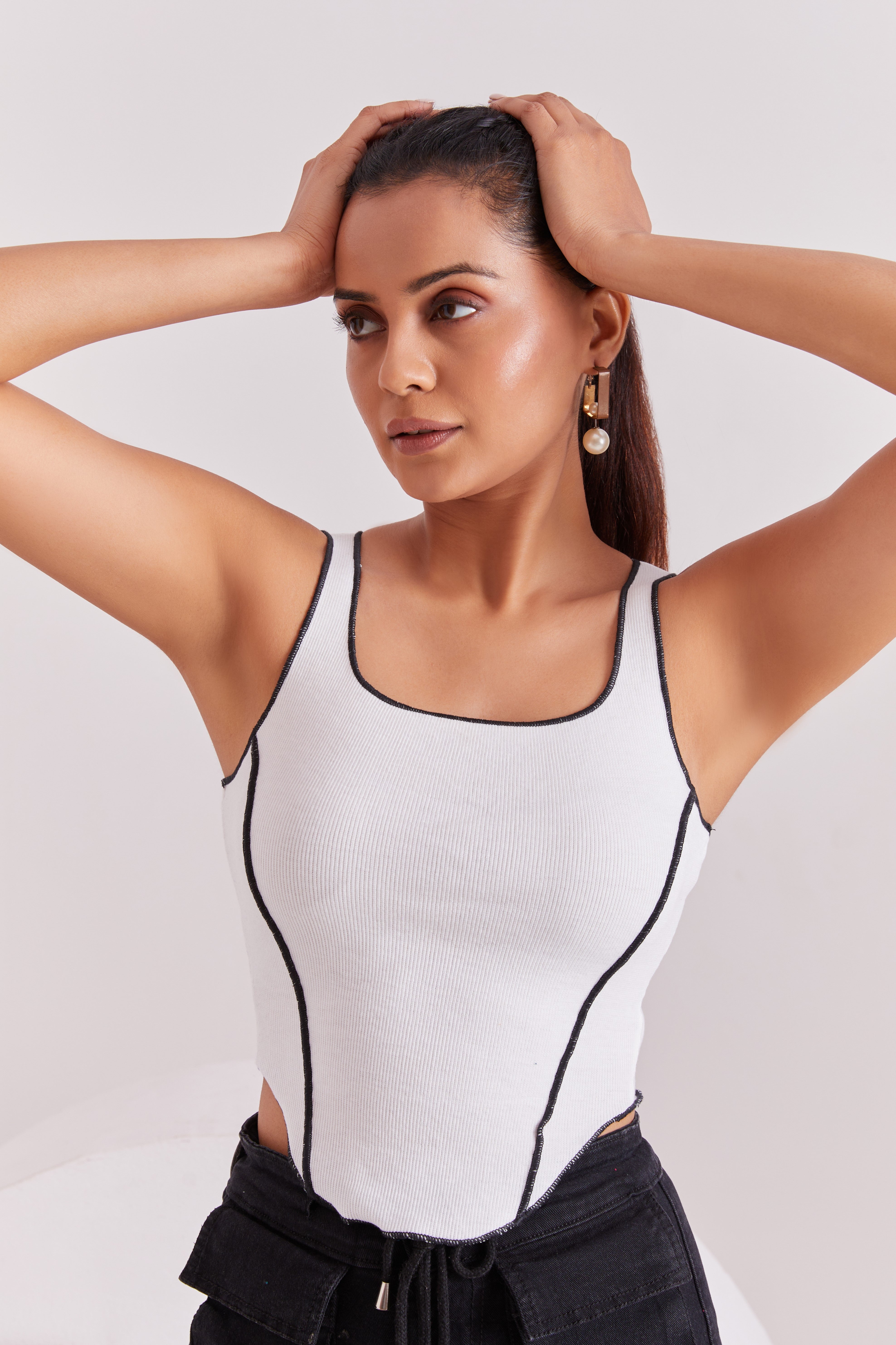 White Contrast Stitch Tank Top