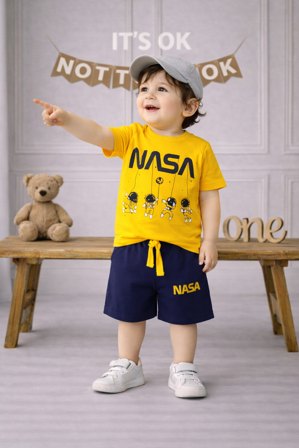 Boys Green NASA Printed T-Shirt with Navy Shorts Co-ord Set