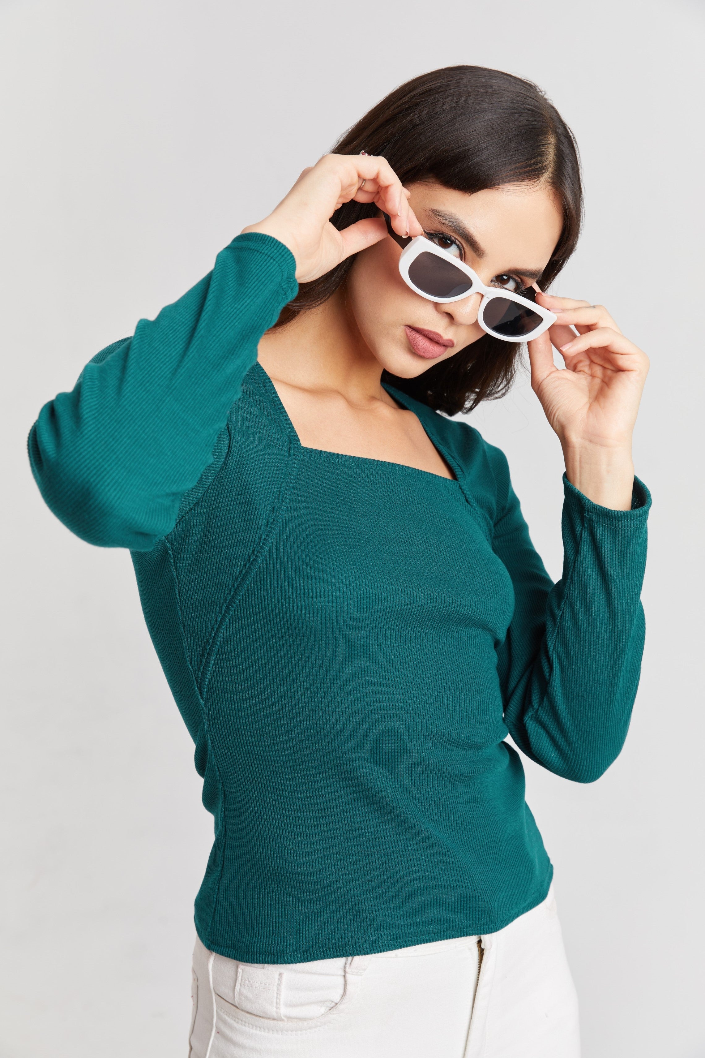Wine Ribbed Square Neck Top