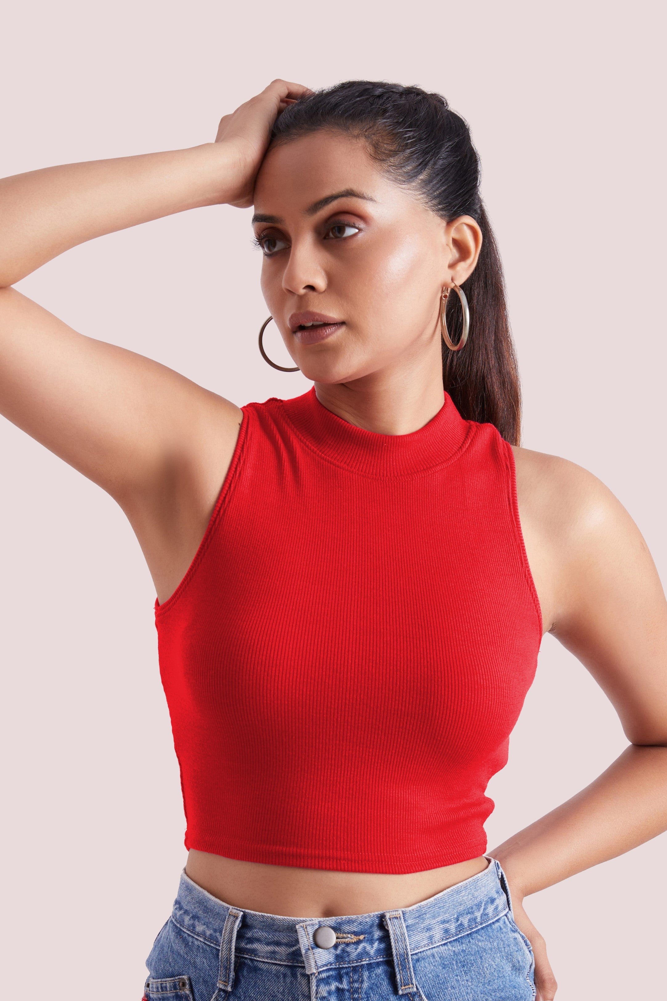 Pink Ribbed High Neck Sleeveless Crop Top