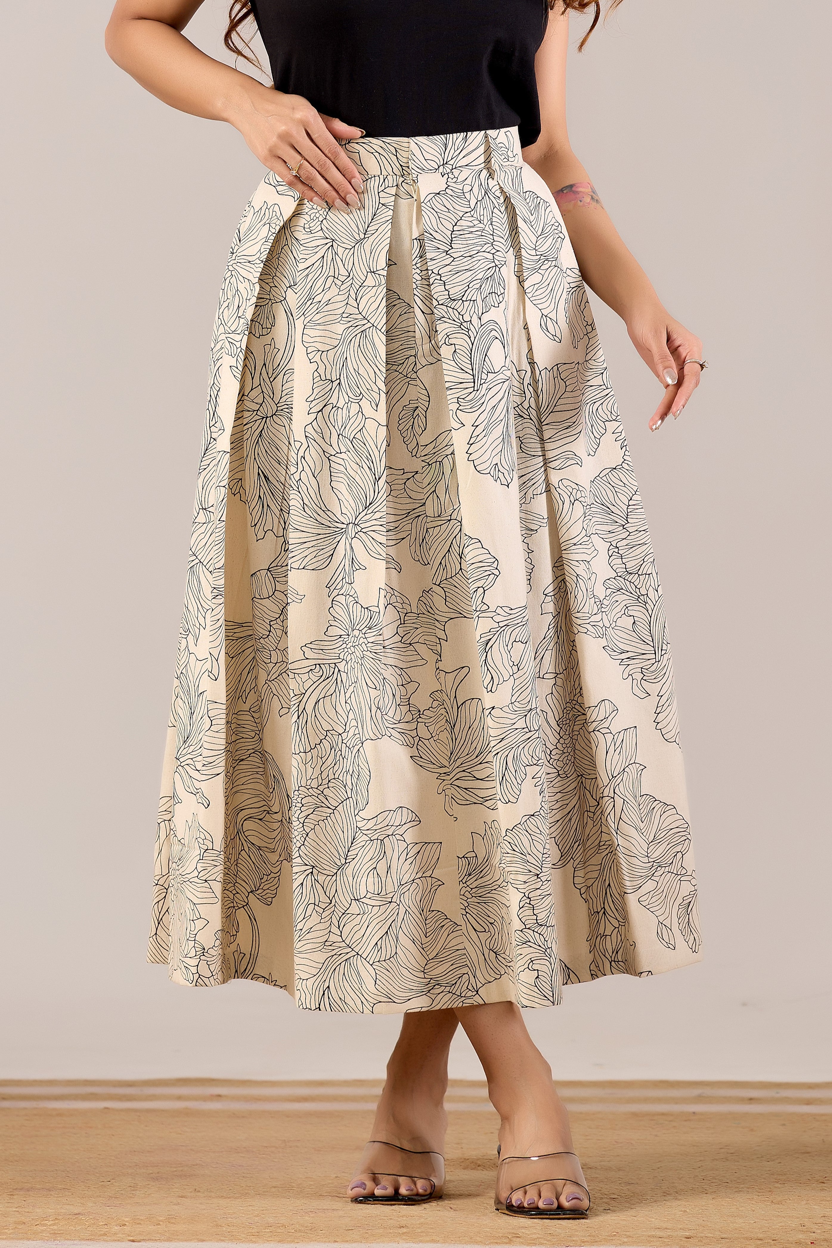 Ivory Line Art Floral Midi Skirt