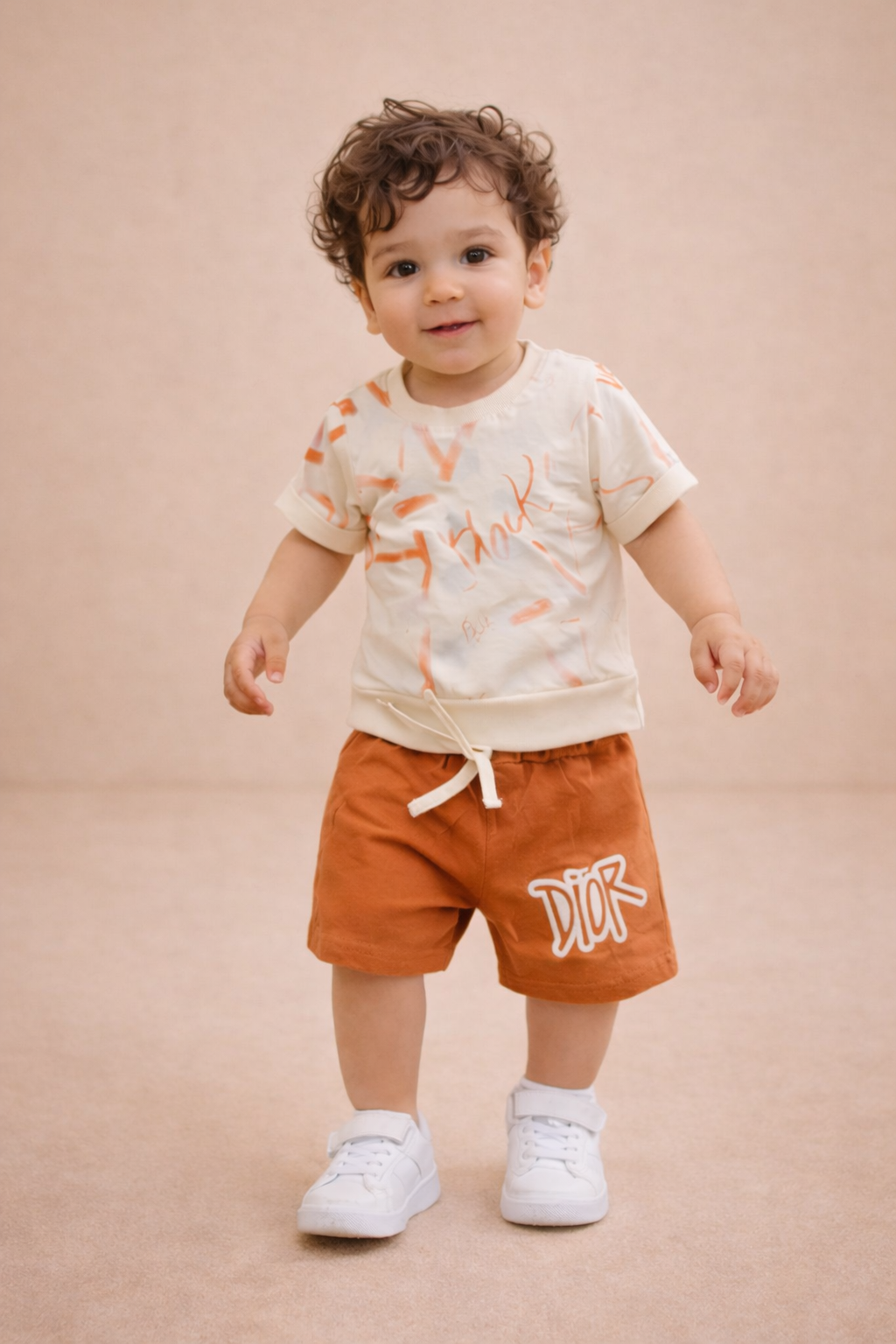 Kids Cream & Olive Green Co-ord Set with Printed Shorts