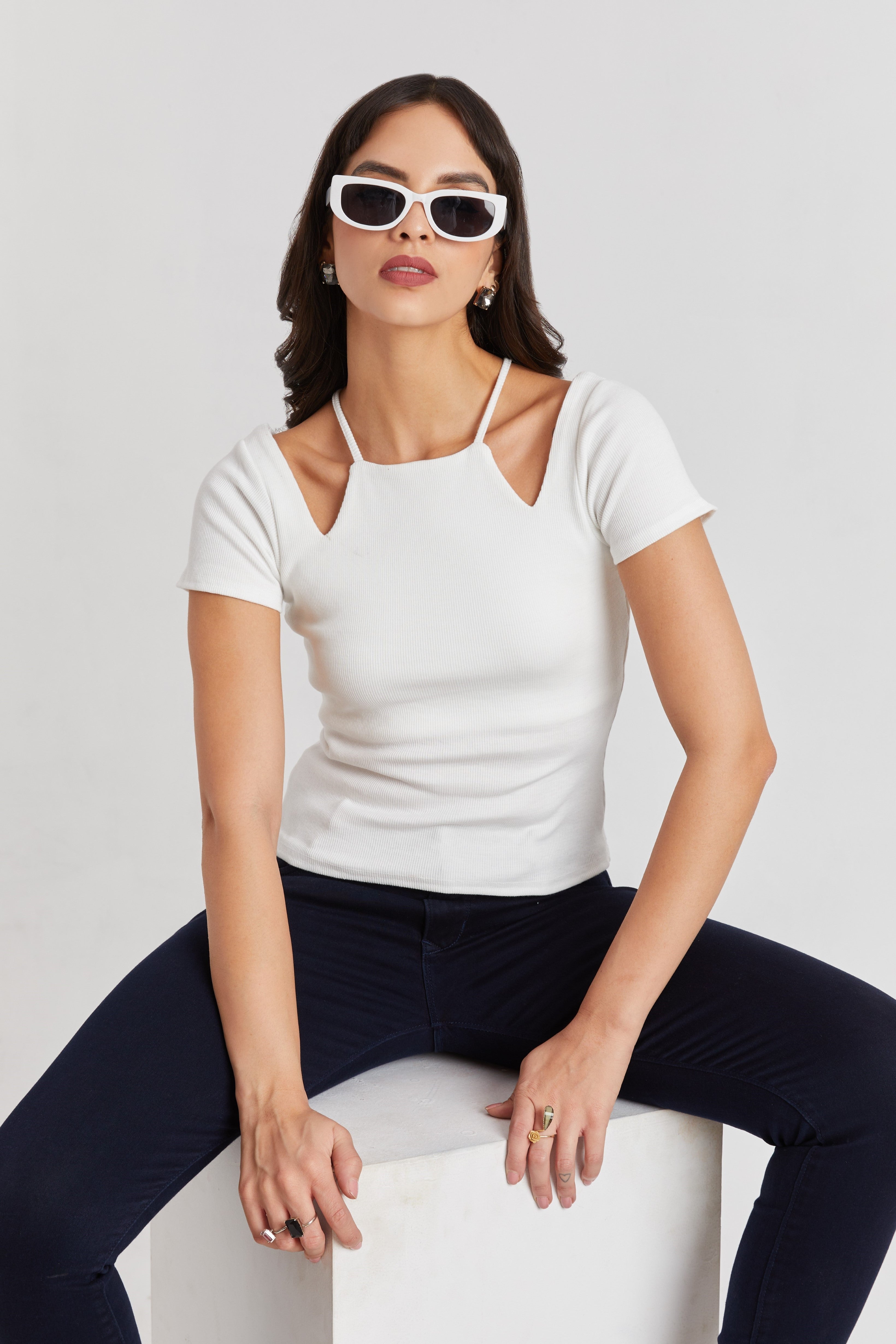 Midnight Black Ribbed Cutout Top