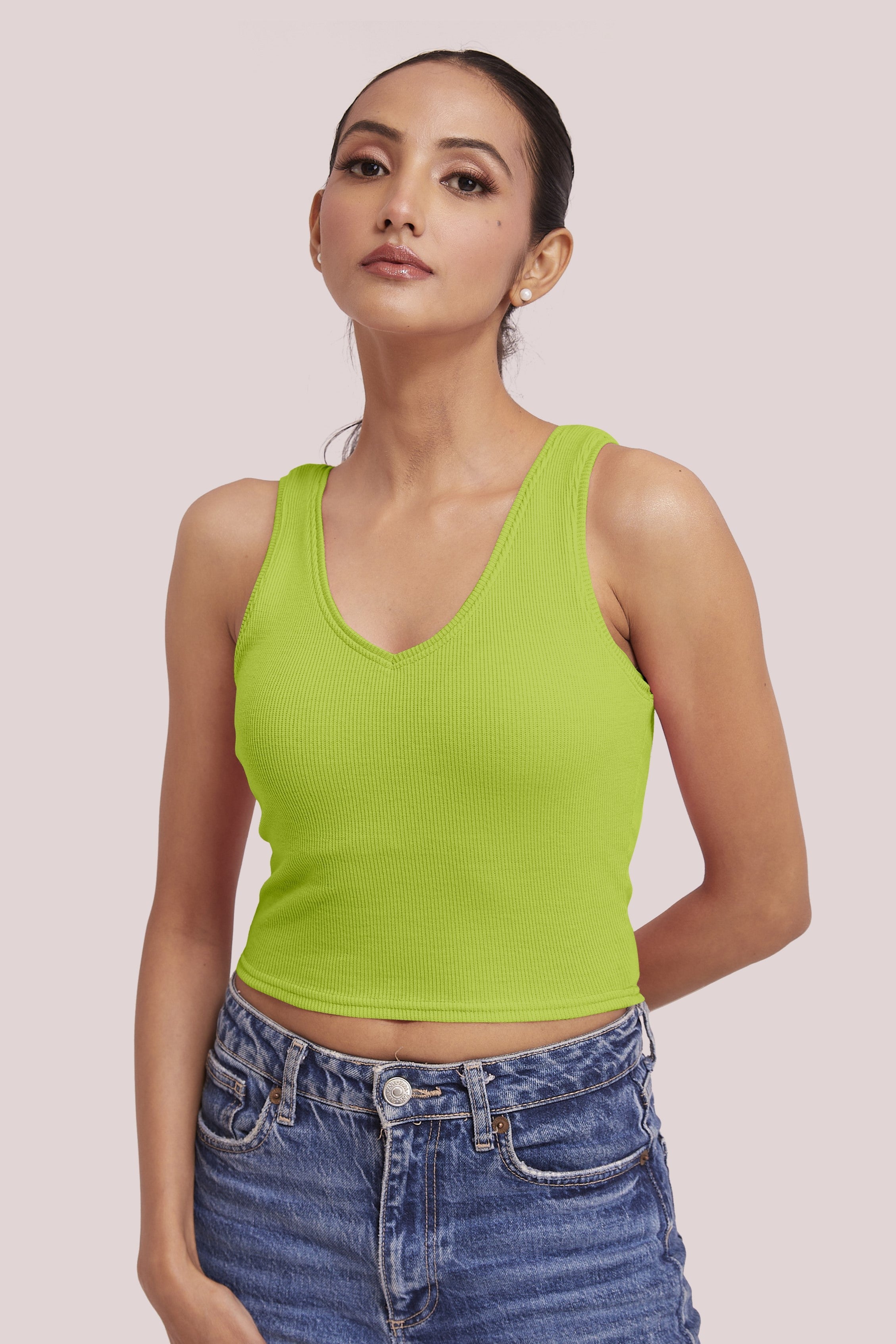 Neon Ribbed Scoop Neck Sleeveless Crop Top