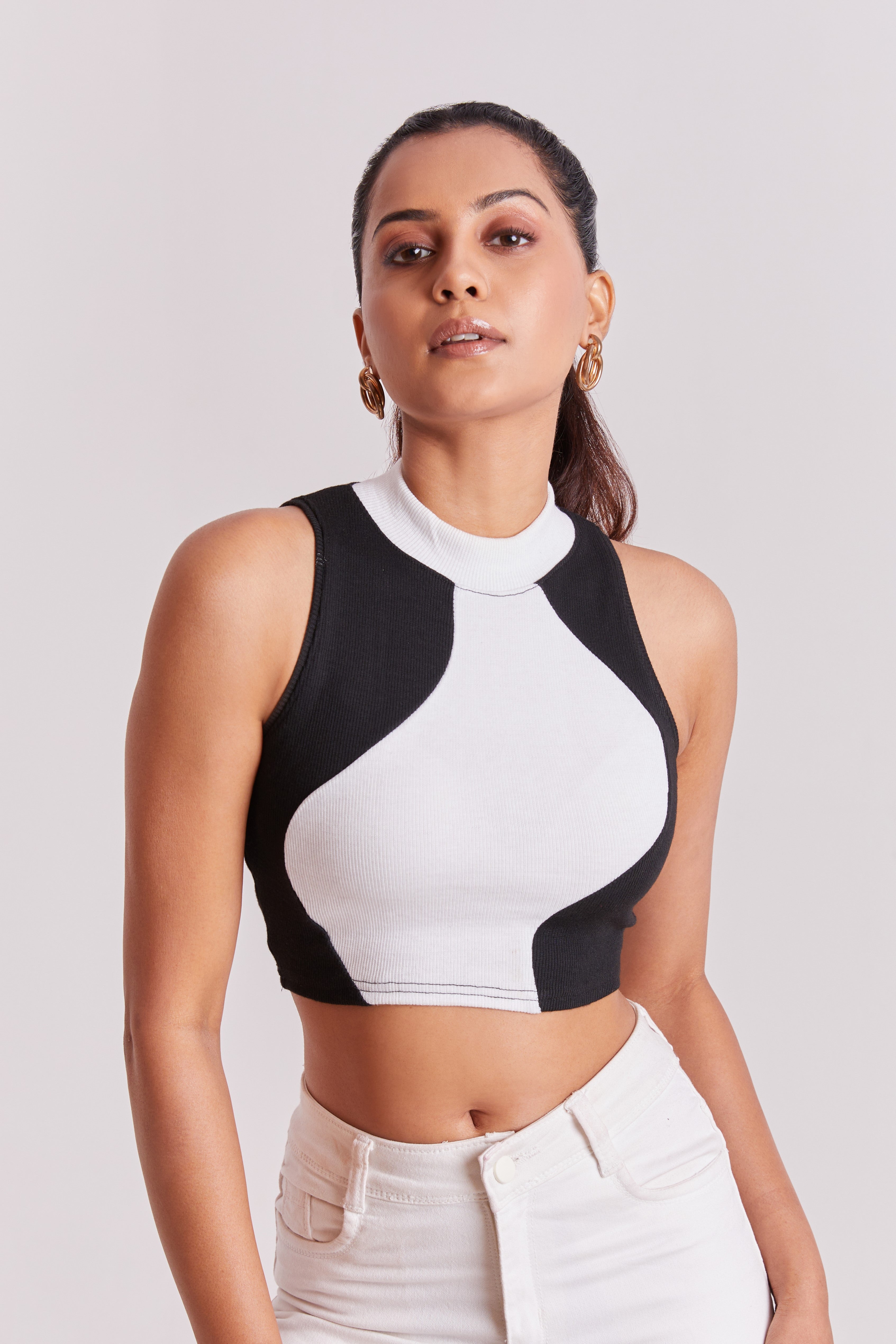 Black & White Ribbed High Neck Sleeveless Crop Top