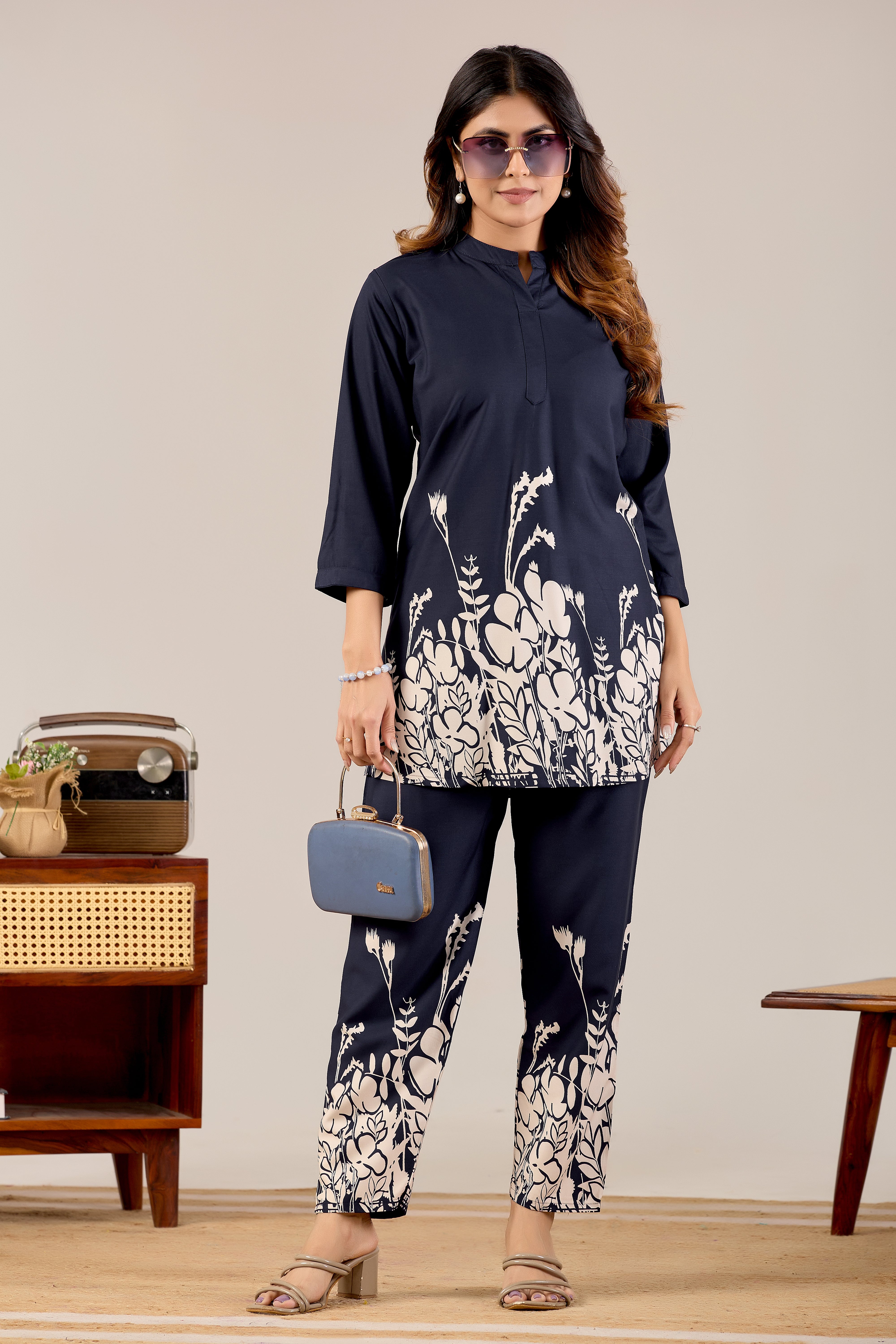 Navy Blue Floral Silhouette Co-ord Set