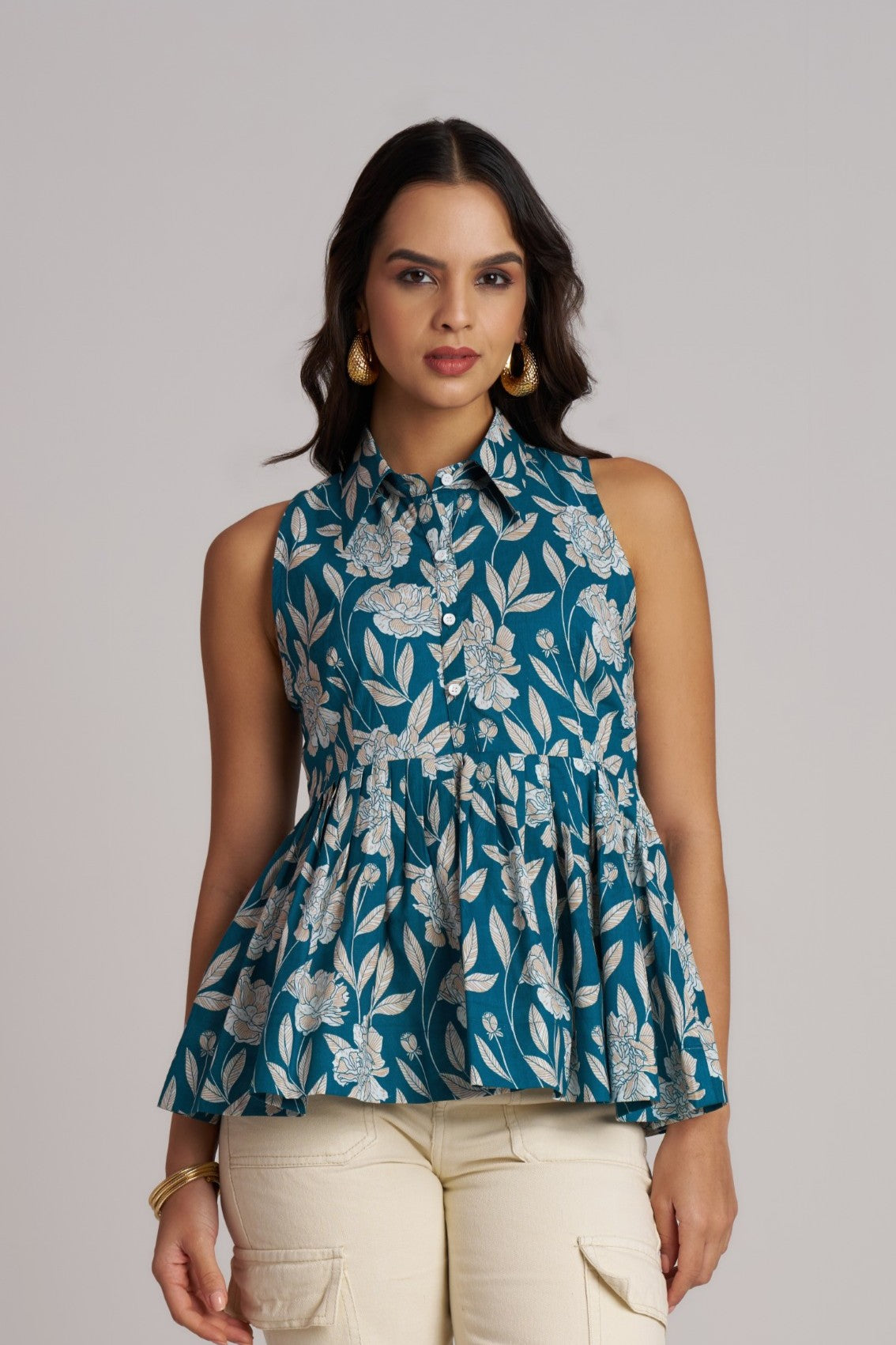 Olive Bloom Sleeveless Peplum Top