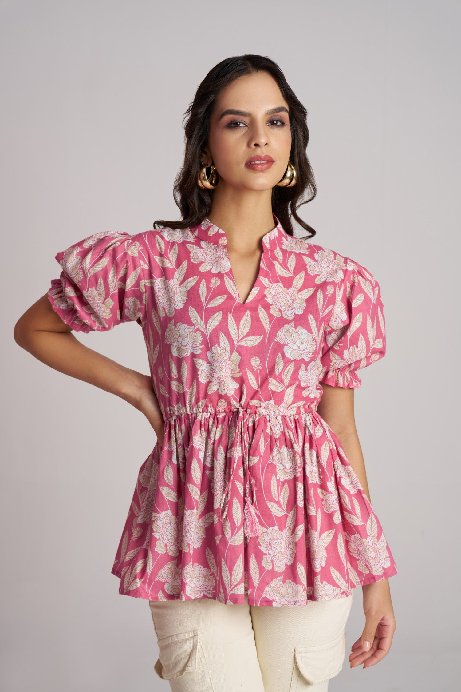 Olive Bloom Puff Sleeve Peplum Top