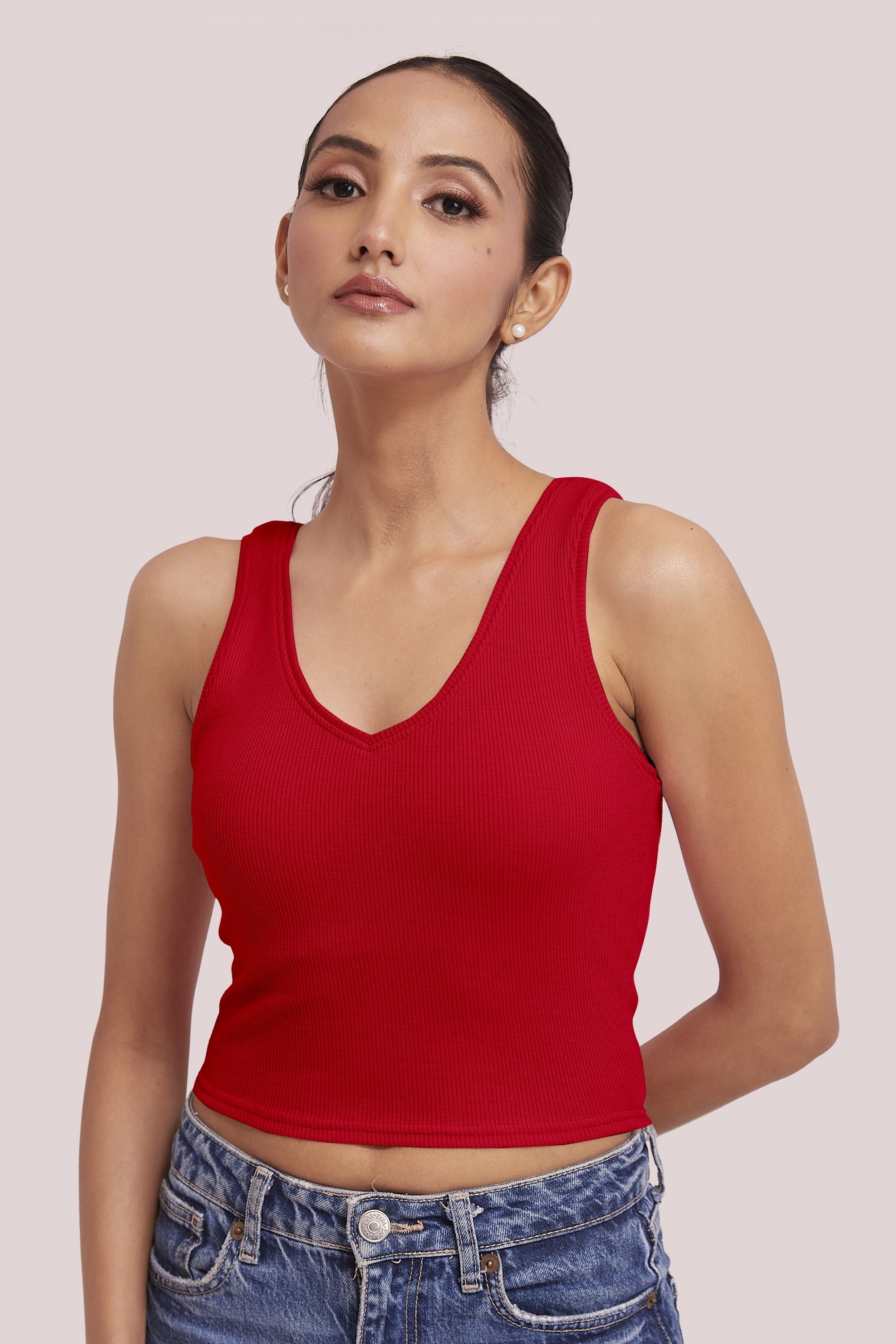 Bright Red Ribbed Scoop Neck Sleeveless Crop Top