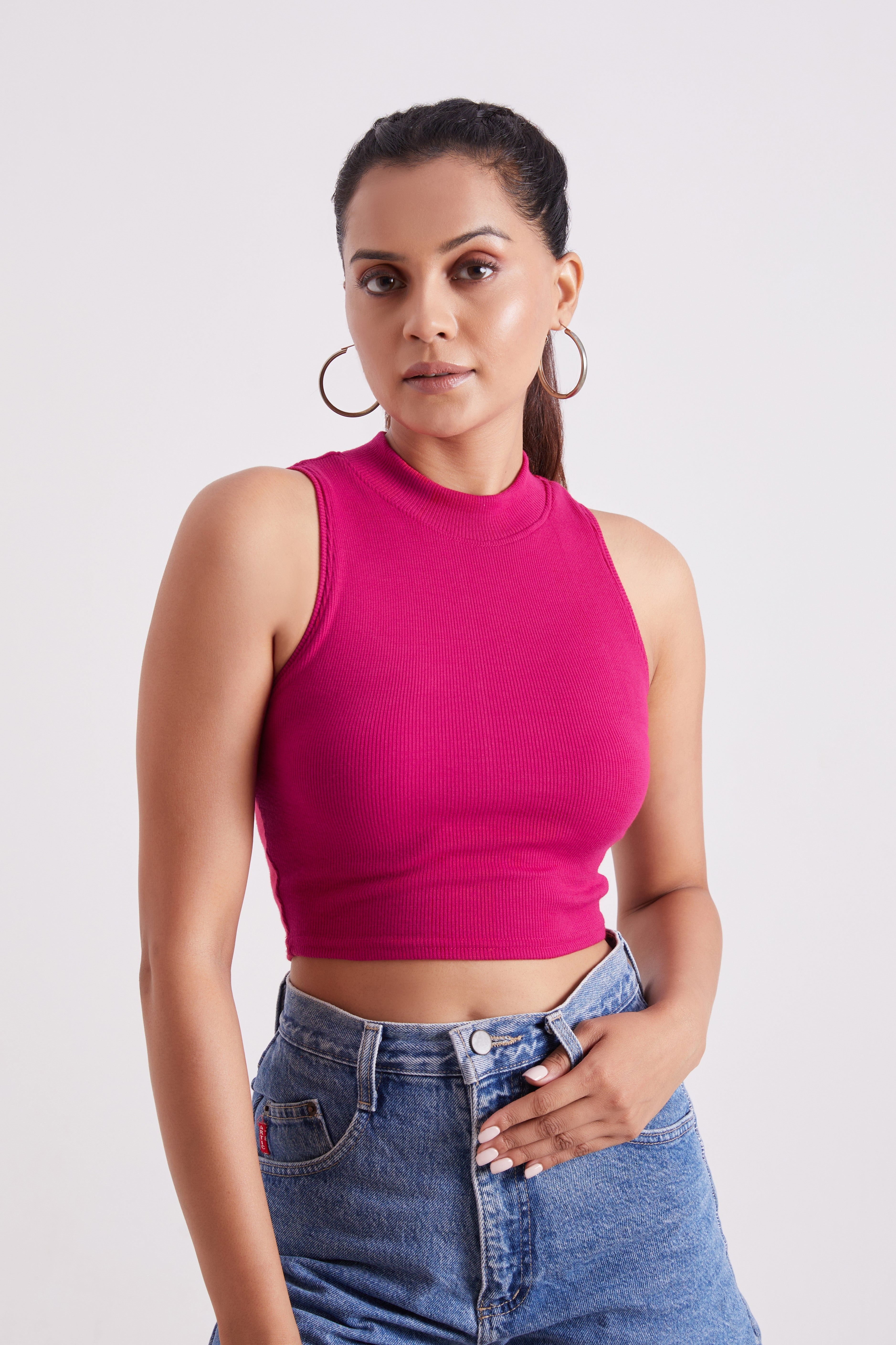 Levander Ribbed High Neck Sleeveless Crop Top