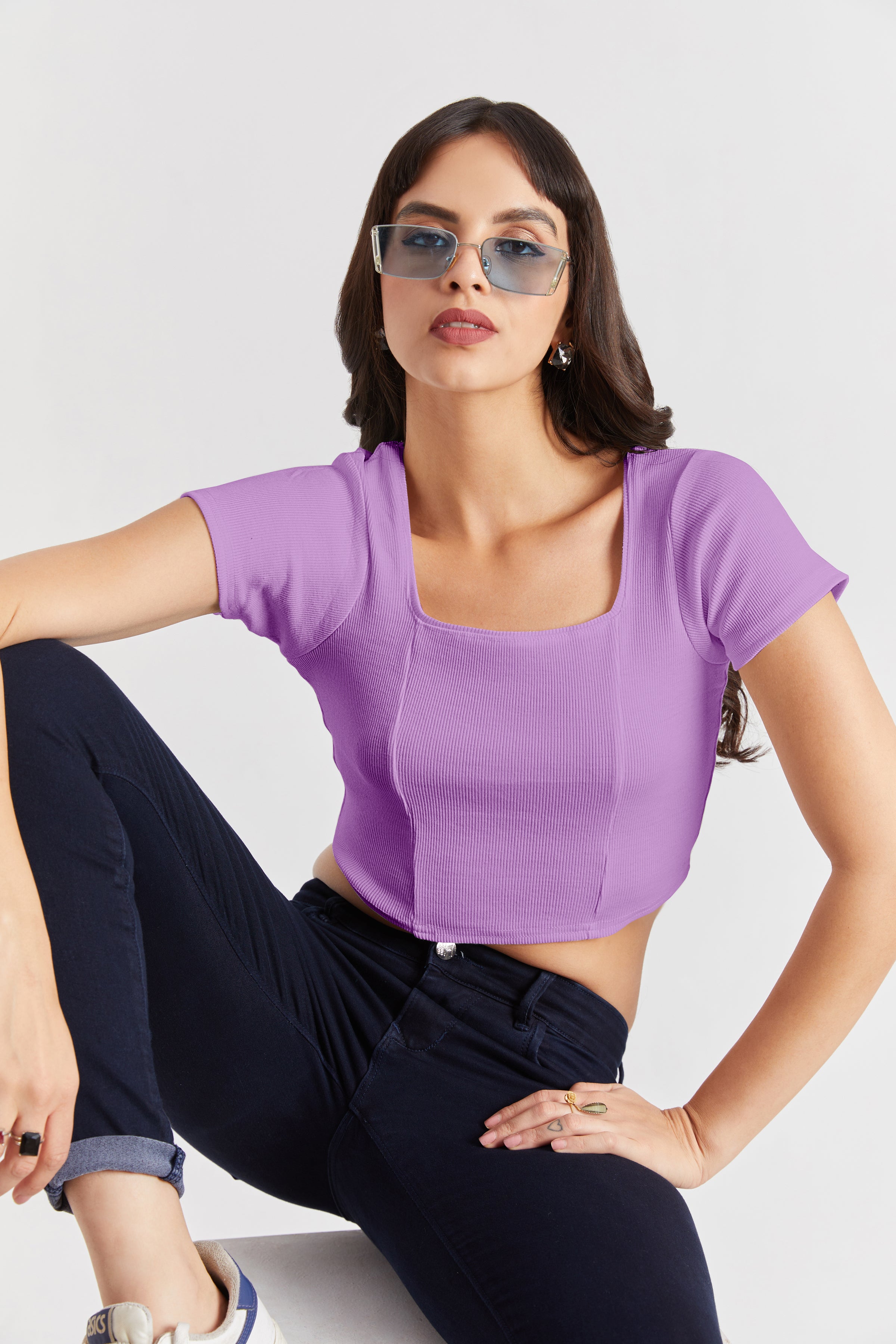 Black Ribbed Square Neck Crop Top