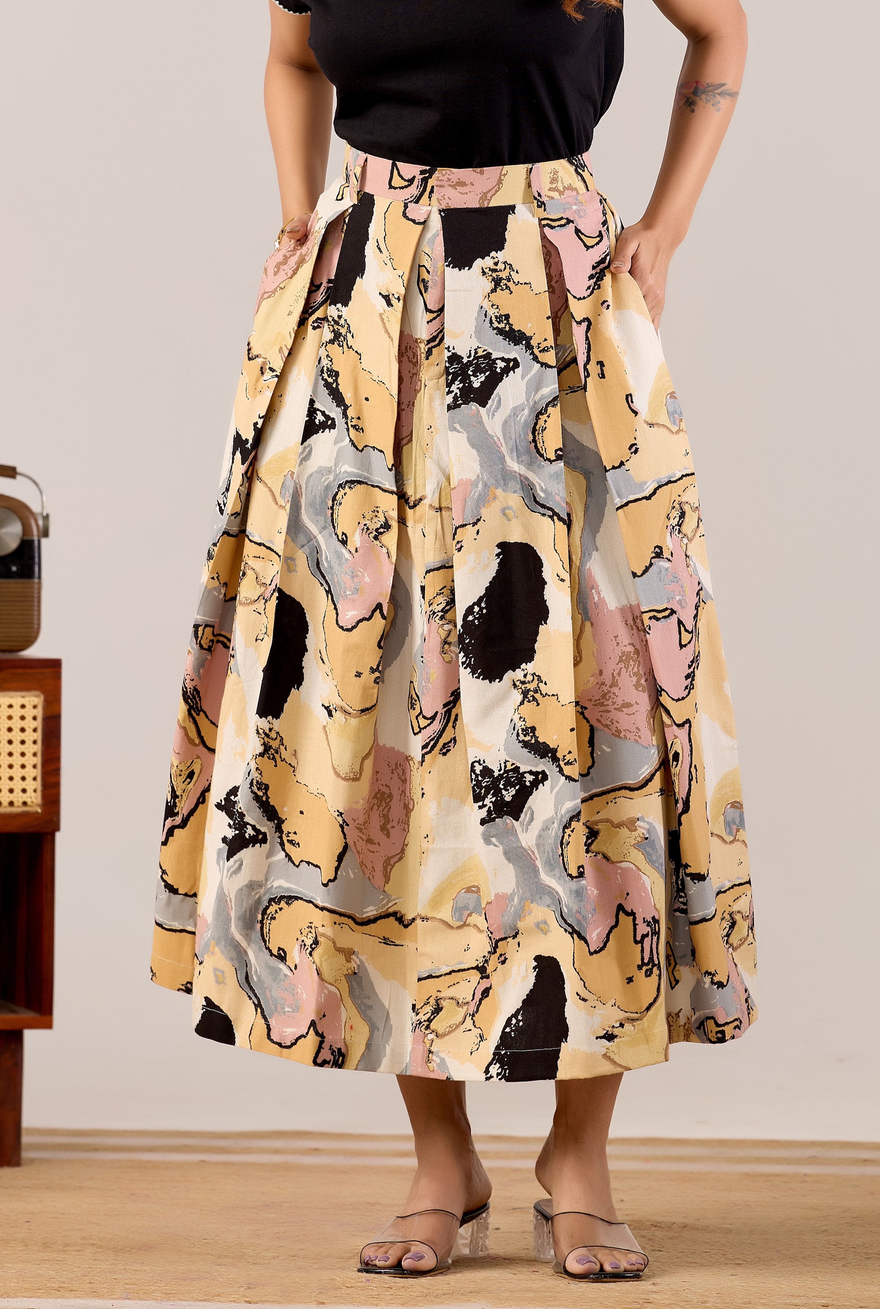 Desert Abstract Pleated Midi Skirt
