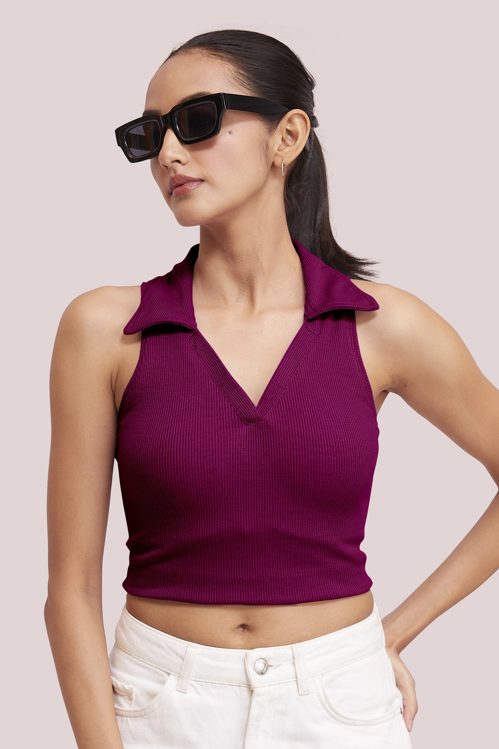 Black-Ribbed Collared Sleeveless Crop Top