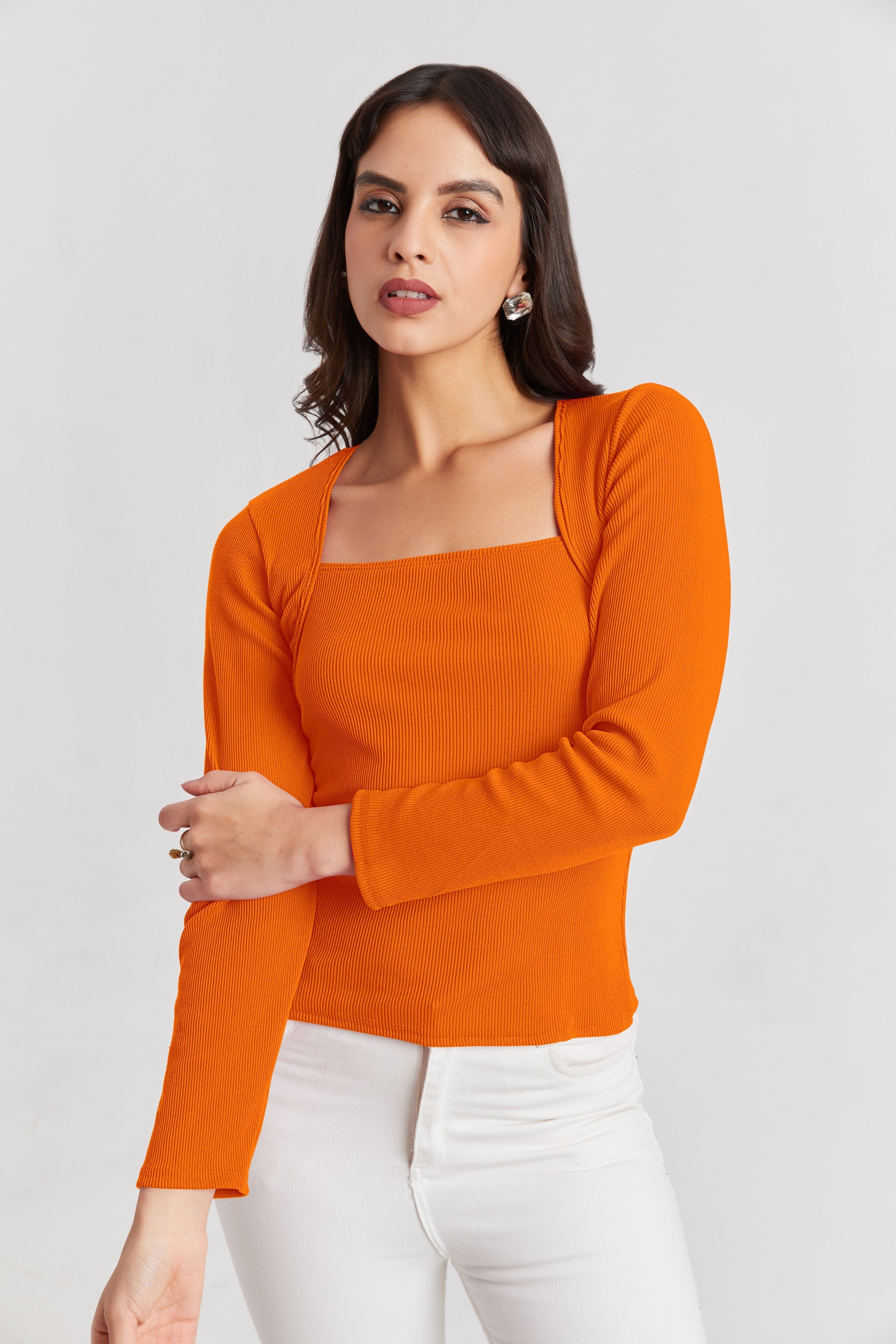 Wine Ribbed Square Neck Top