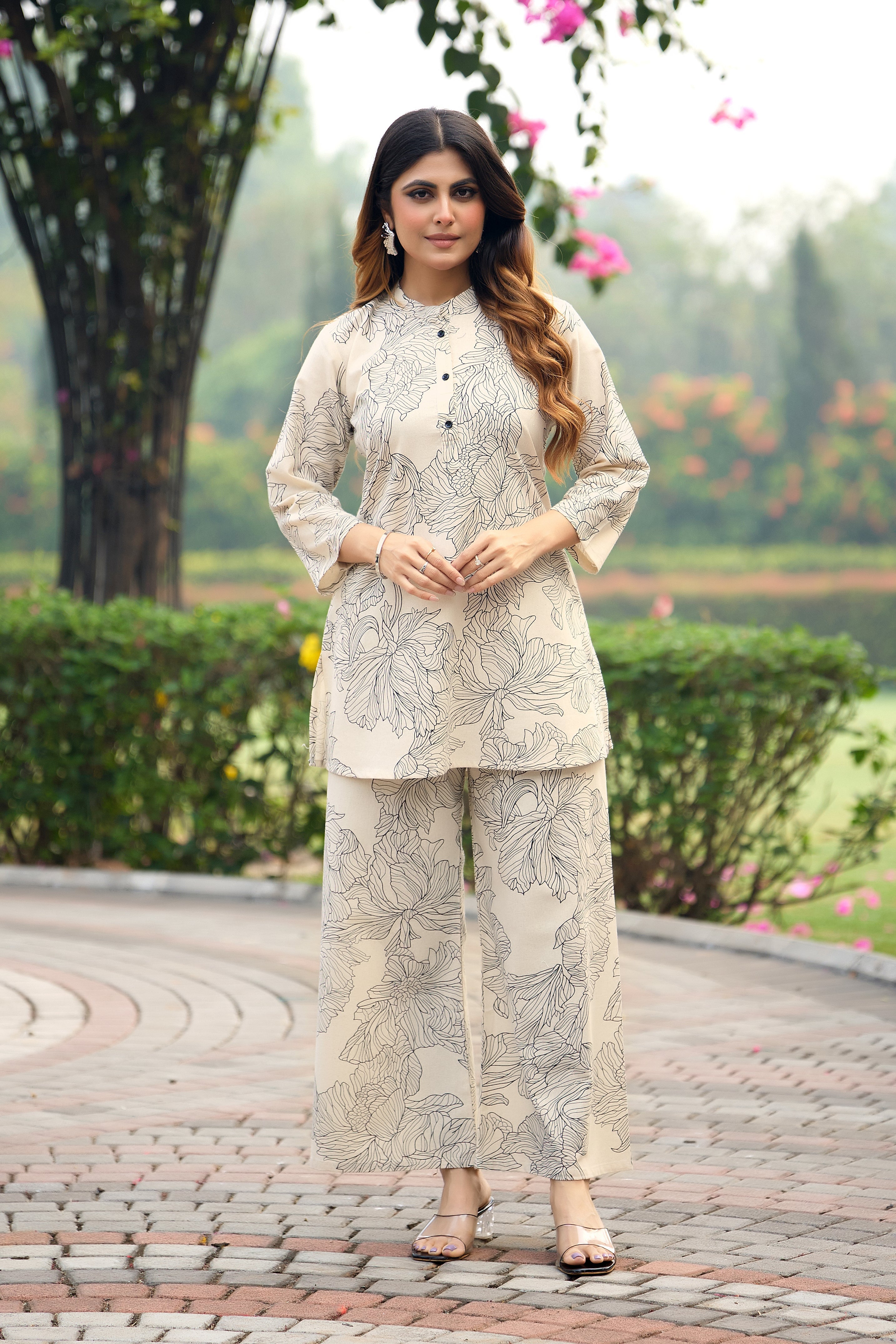 Soft Beige Floral Line Print Co-ord Set