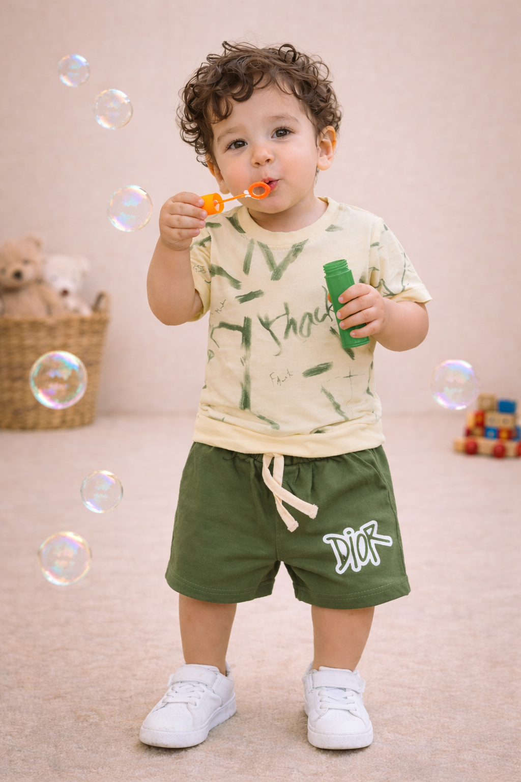 Kids Cream & Royal Blue Co-ord Set with Printed Shorts