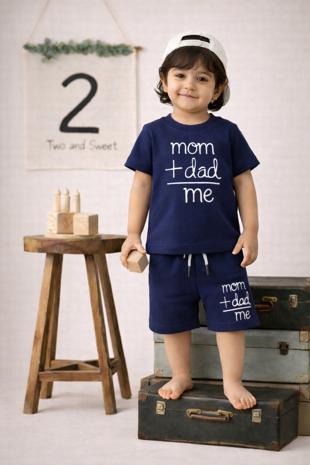 Kids Cotton Co-ord Set – Mom + Dad = Me Print | Navy Blue T-shirt & Shorts Set