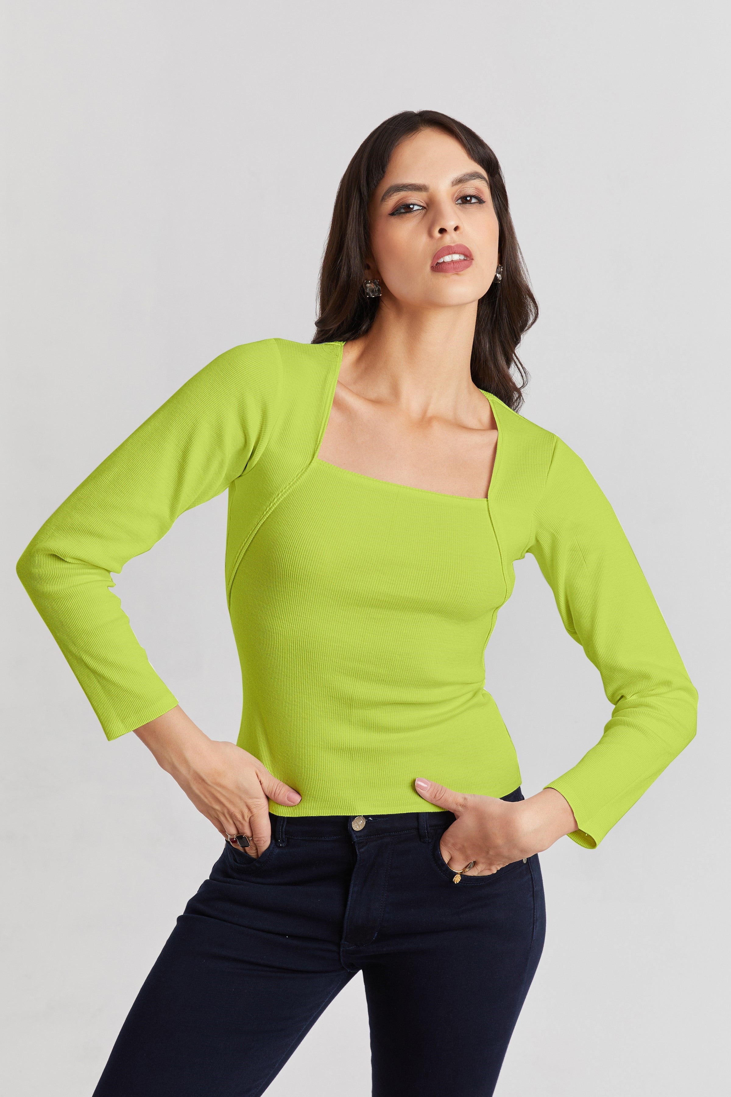Wine Ribbed Square Neck Top