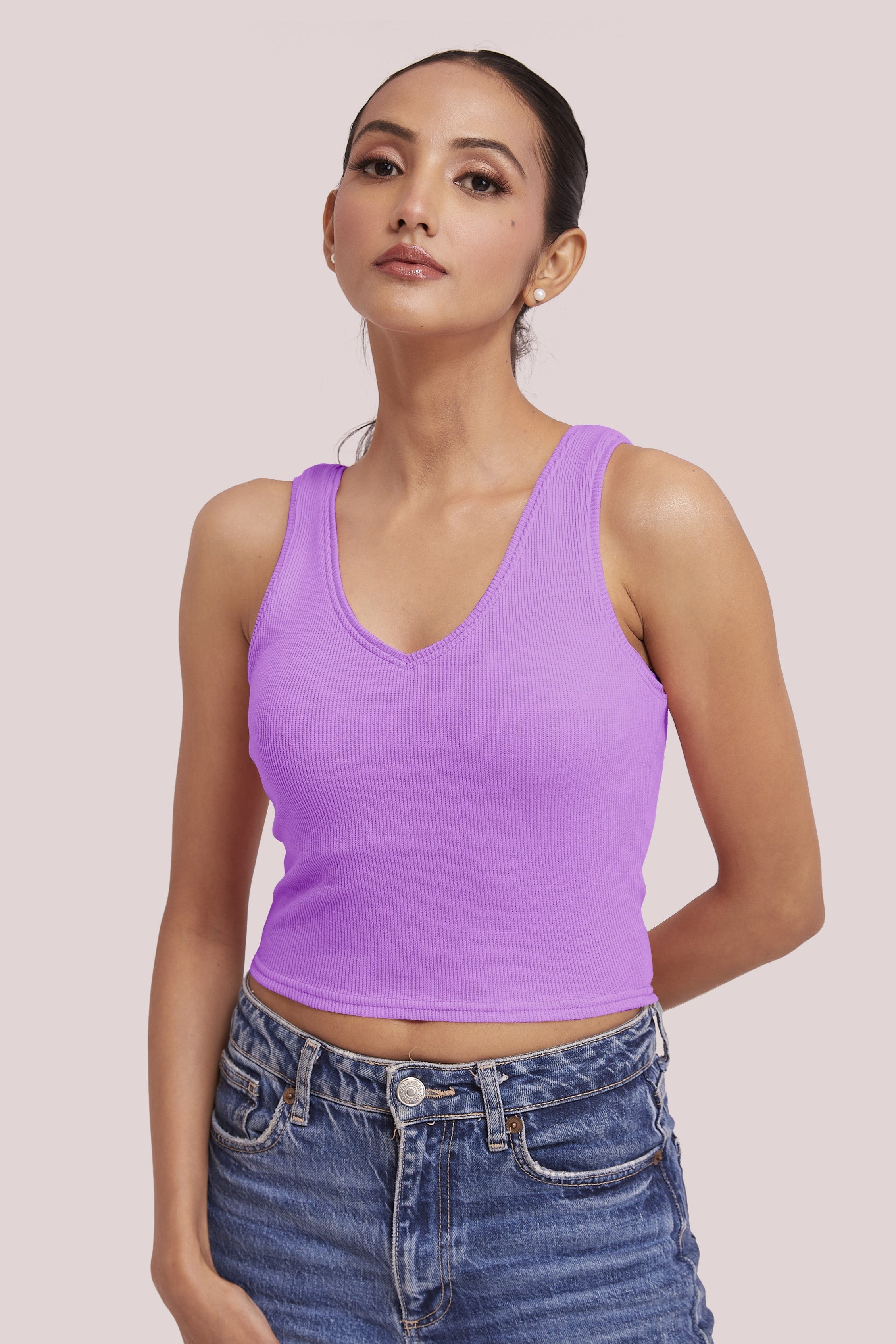 Lavender Ribbed Scoop Neck Sleeveless Crop Top