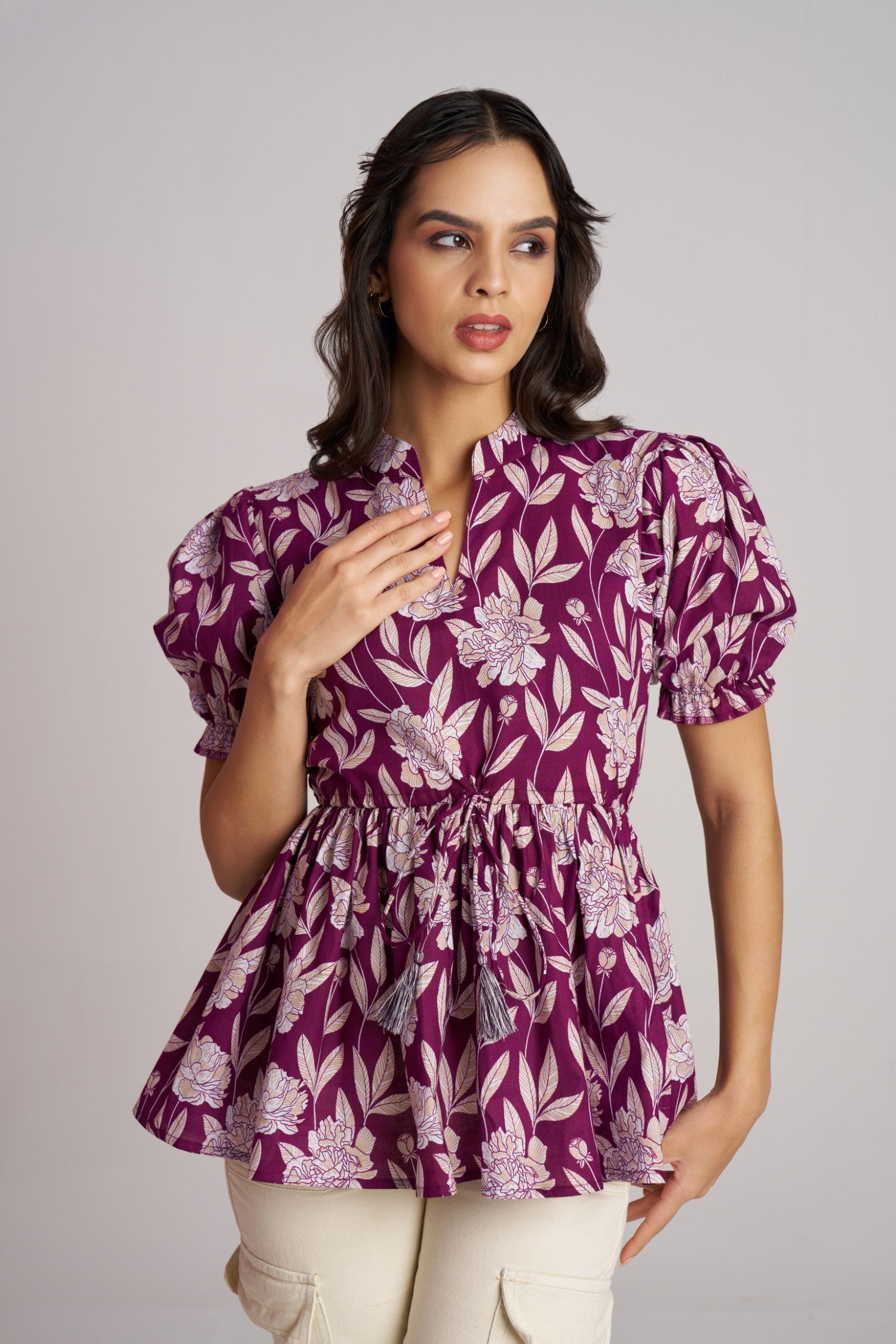 Plum Bloom Puff Sleeve Peplum Top