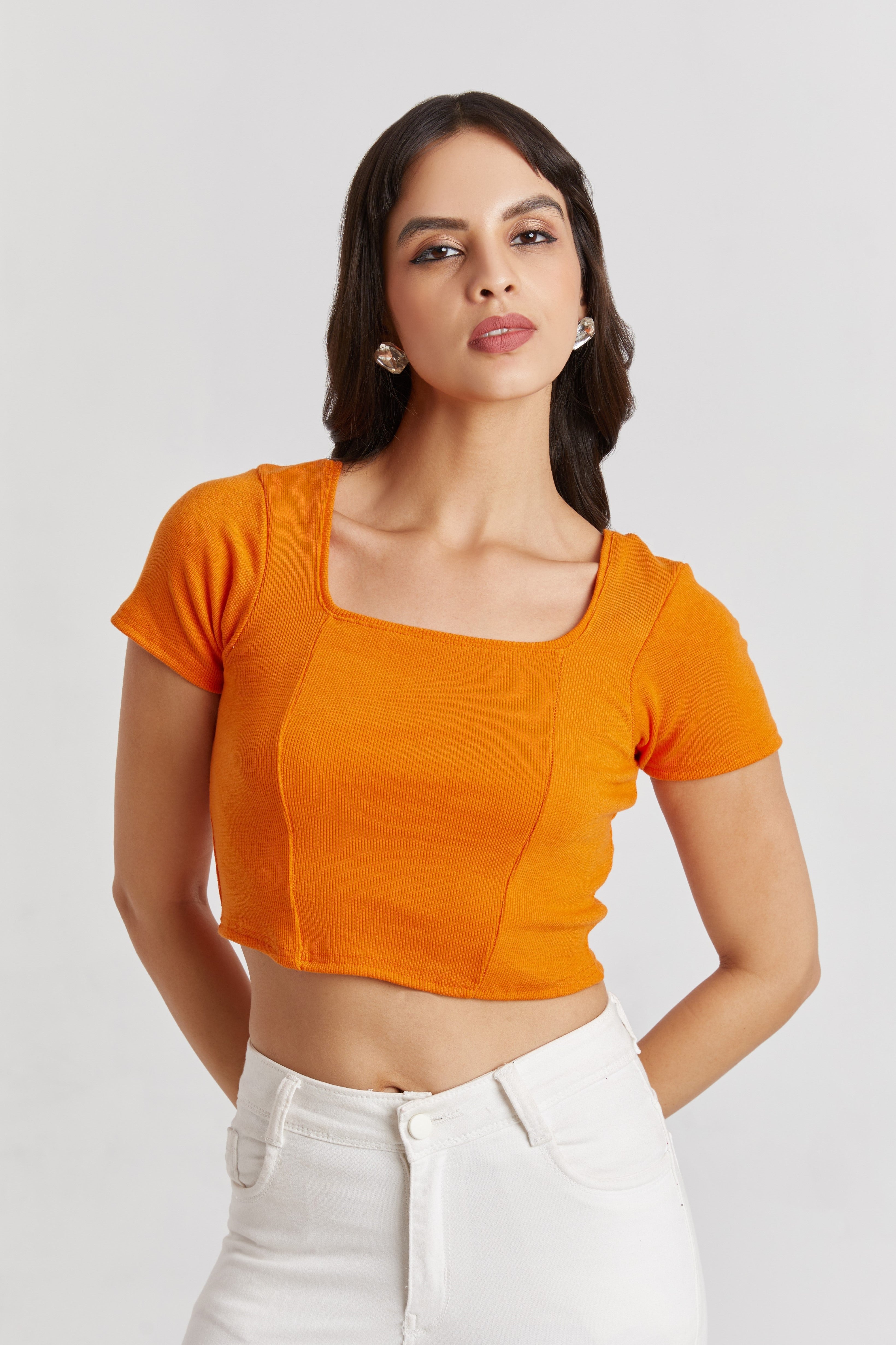 Orange Ribbed Square Neck Crop Top