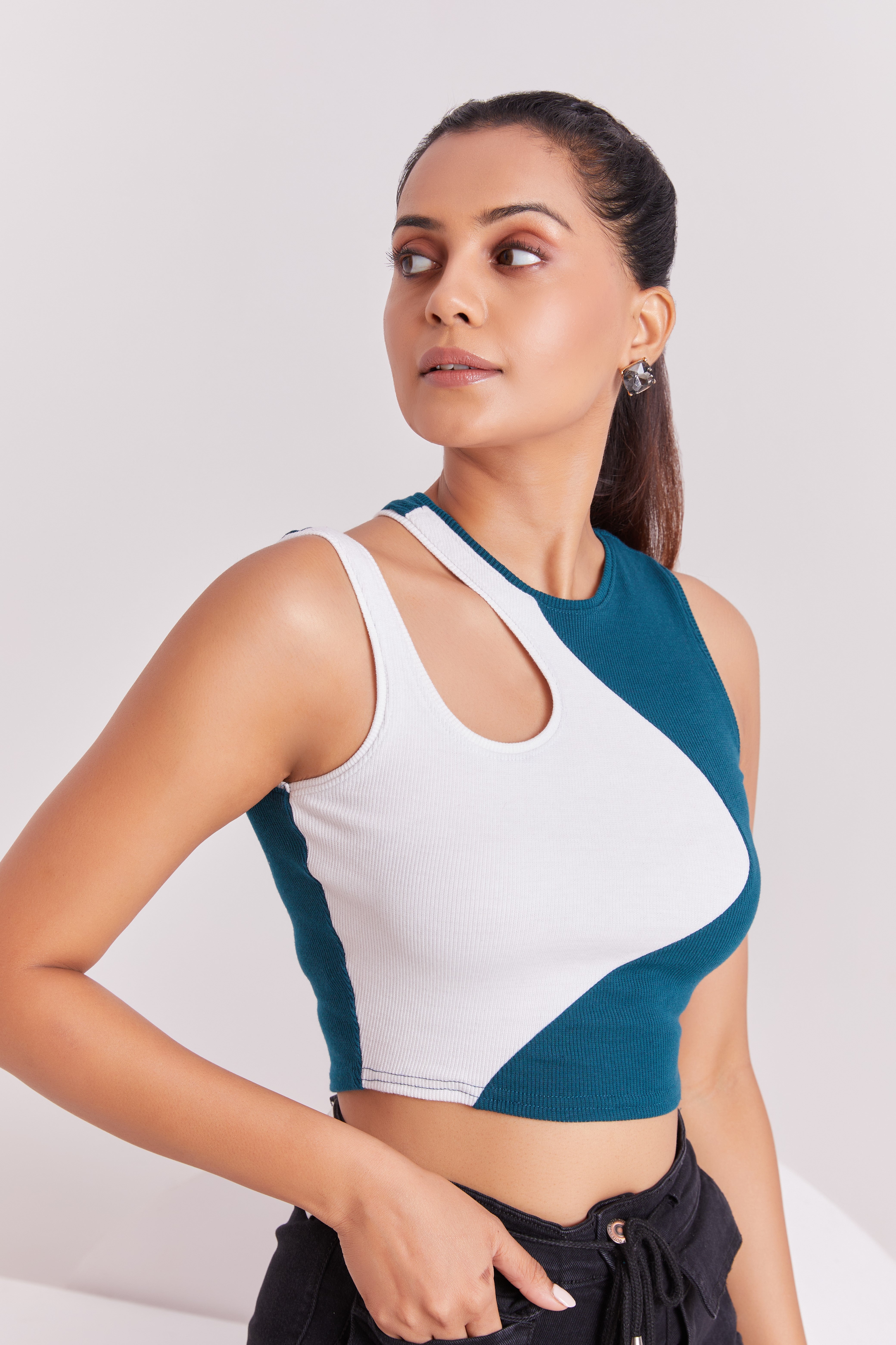 Green-Ribbed Sleeveless Cut-Out Tank Top