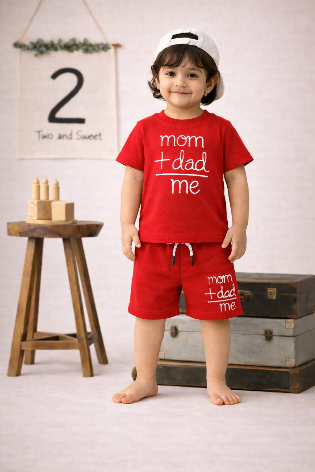 Kids Cotton Co-ord Set – Mom + Dad = Me Print | Red T-shirt & Shorts Set