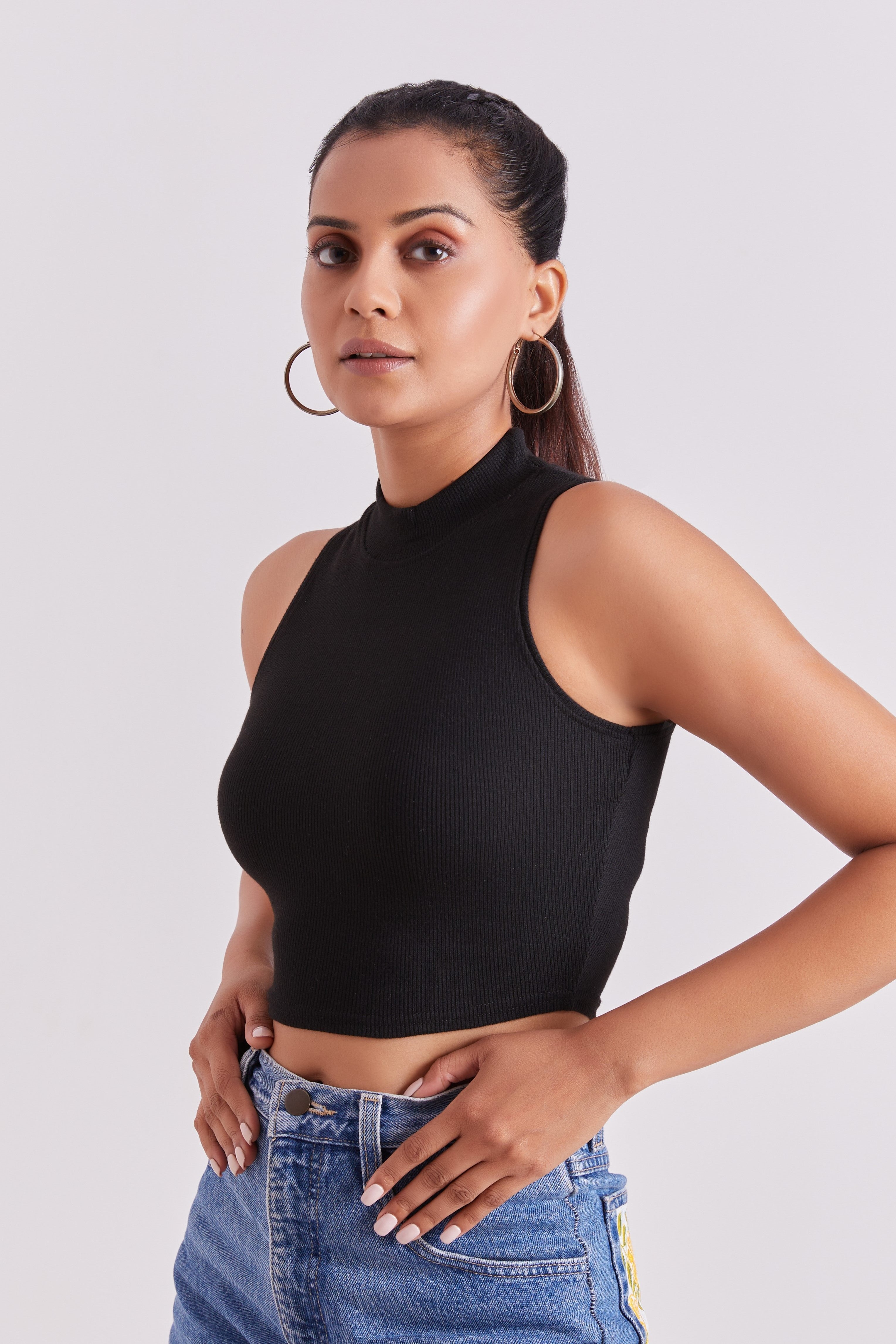 Black Ribbed High Neck Sleeveless Crop Top