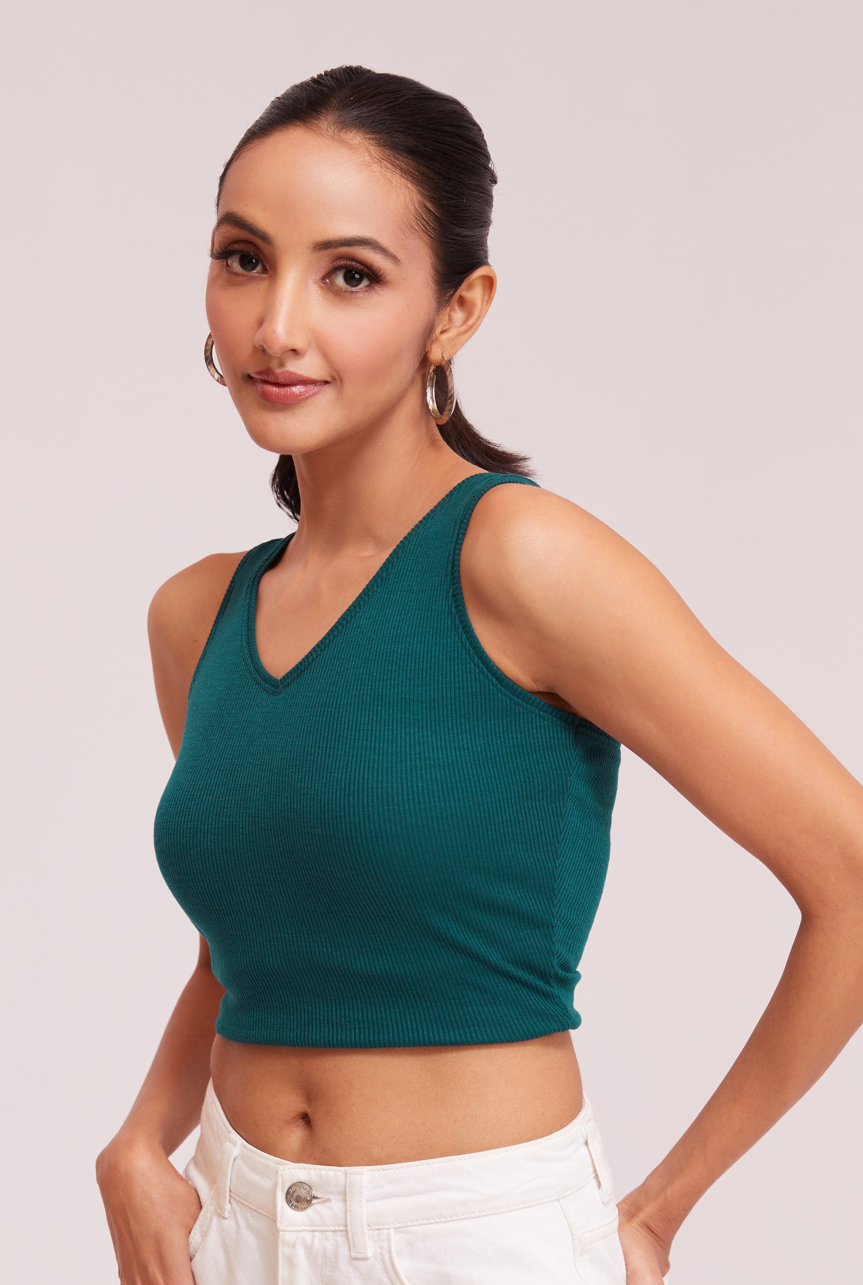 Tail Green Ribbed V-Neck Sleeveless Crop Top