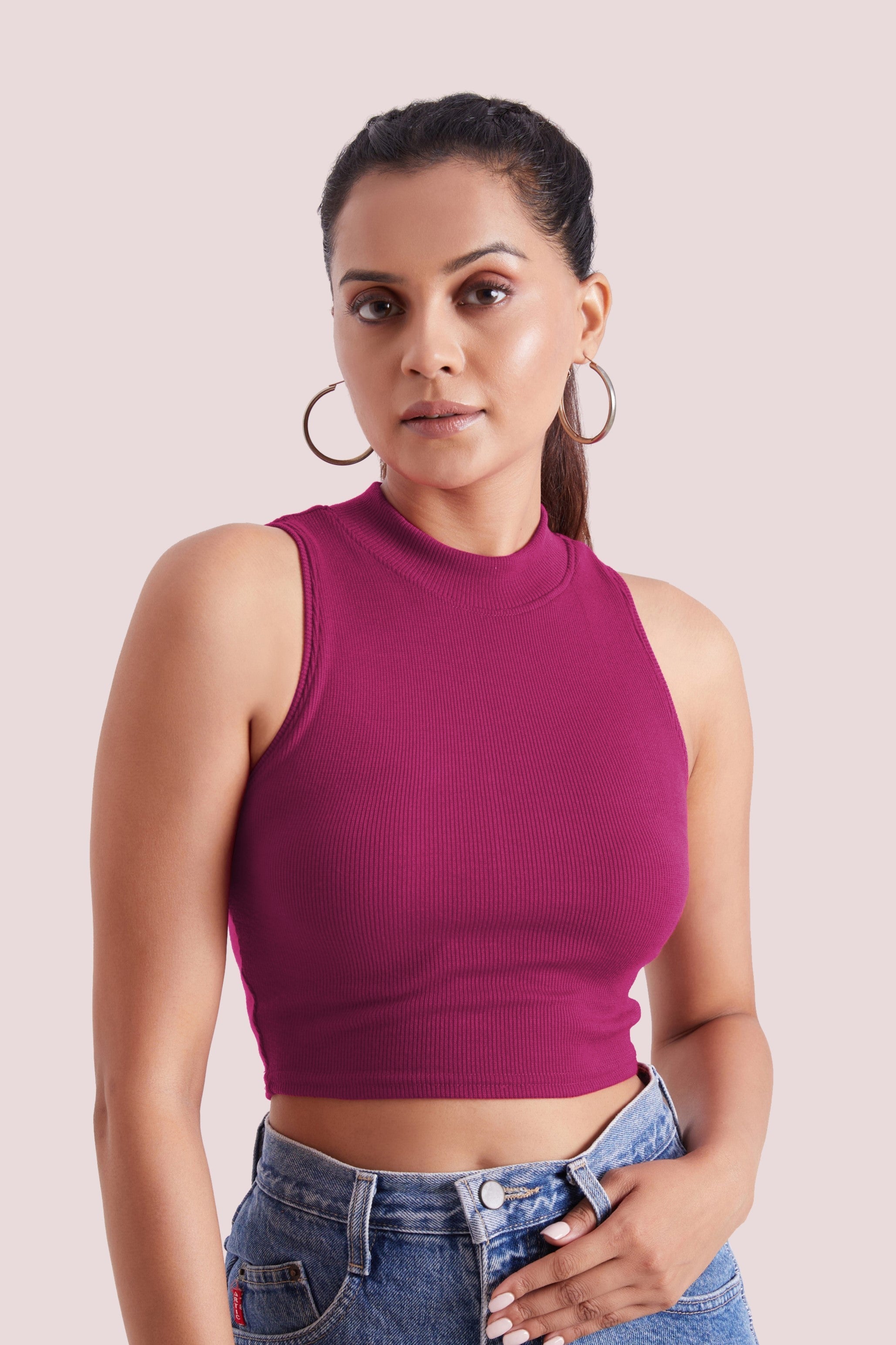 Forest Green Ribbed High Neck Sleeveless Crop Top