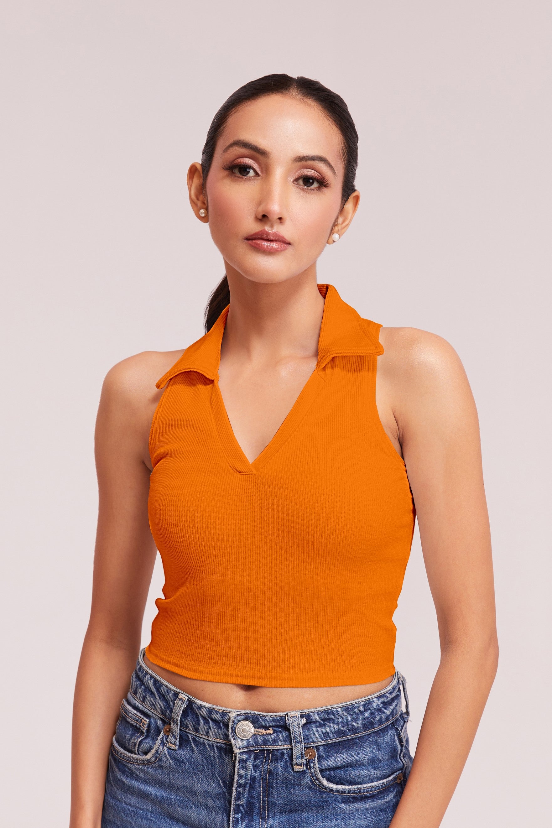 Tail Green-Ribbed Collared Sleeveless Crop Top