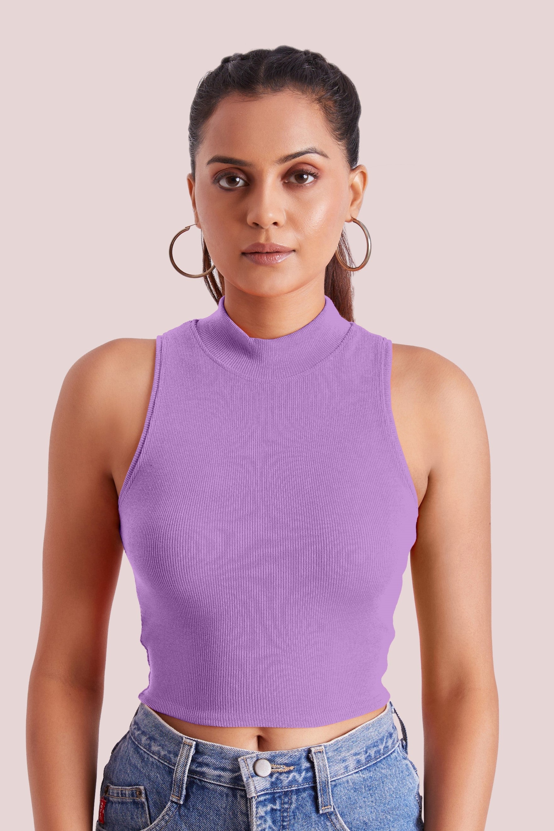 Black Ribbed High Neck Sleeveless Crop Top