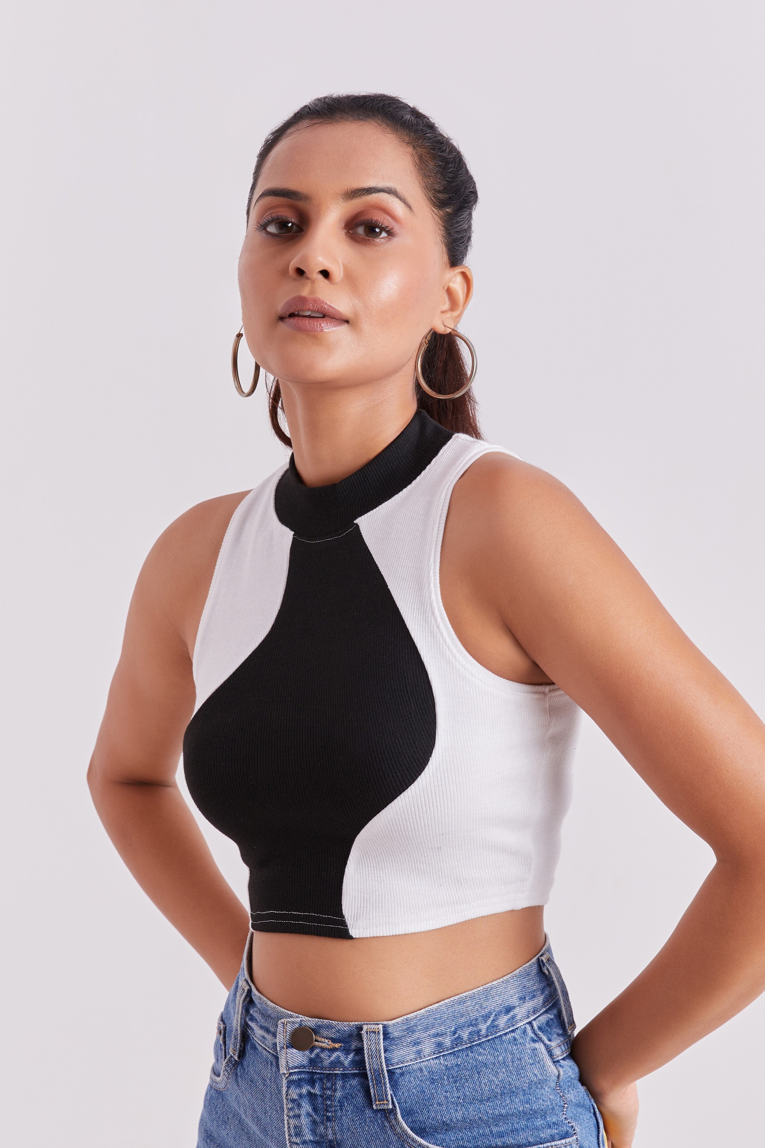 White & Black Ribbed High Neck Sleeveless Crop Top
