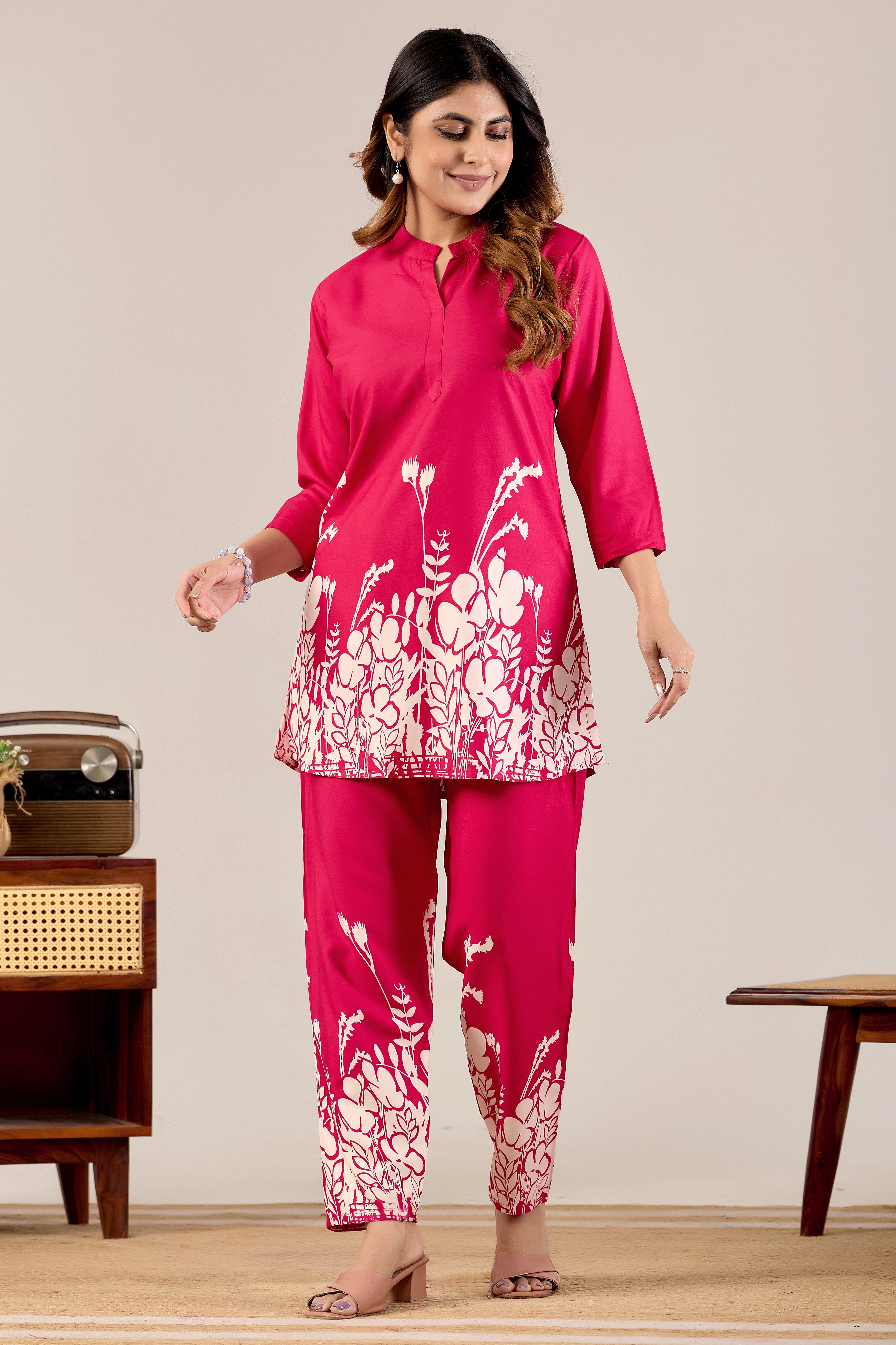 Navy Blue Floral Silhouette Co-ord Set