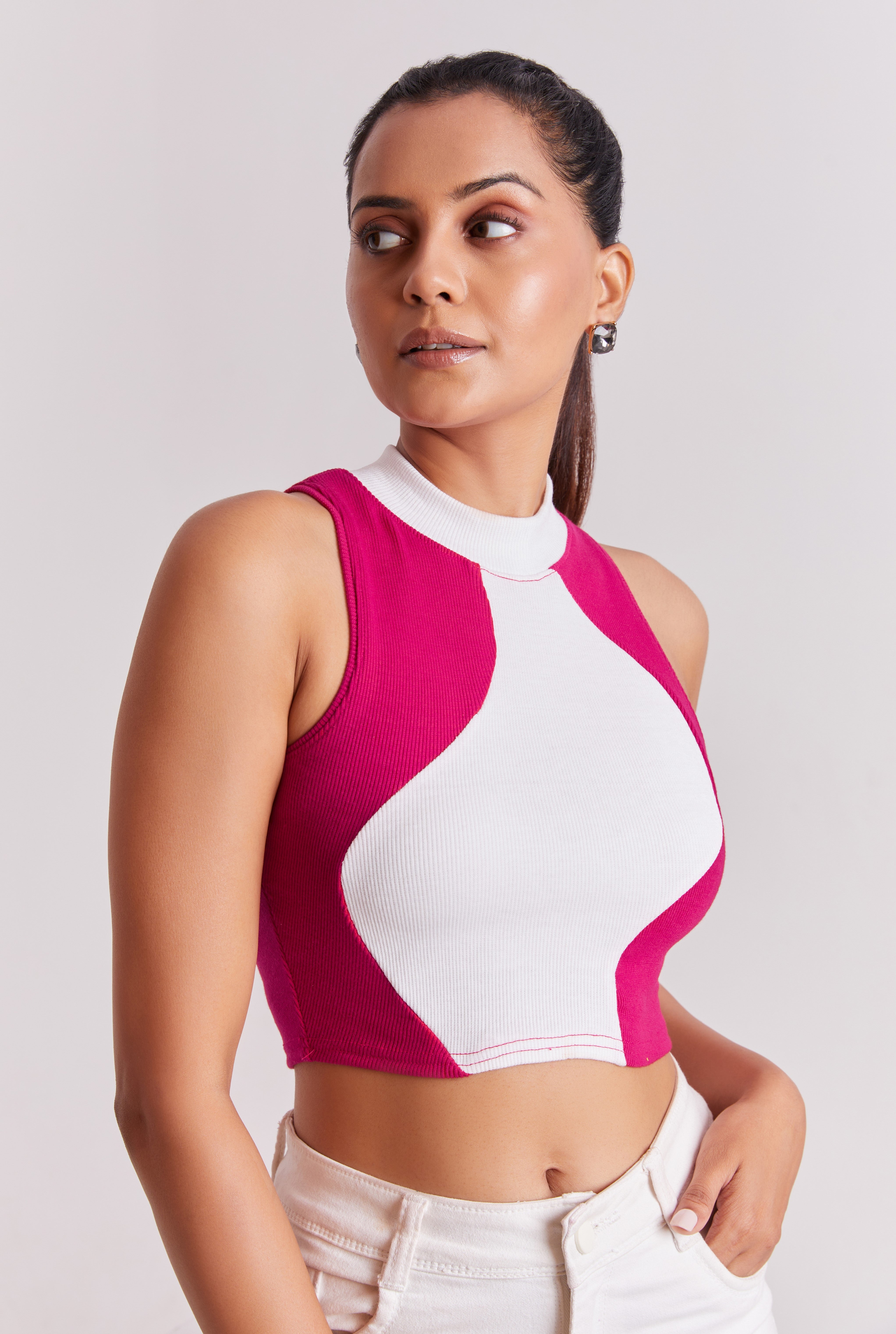 Pink & White Ribbed High Neck Sleeveless Crop Top
