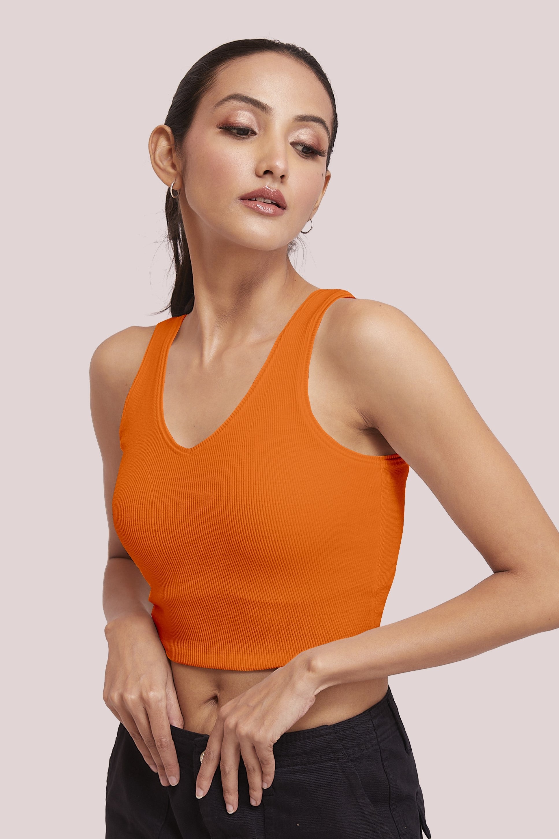 Orange Ribbed Scoop Neck Sleeveless Crop Top