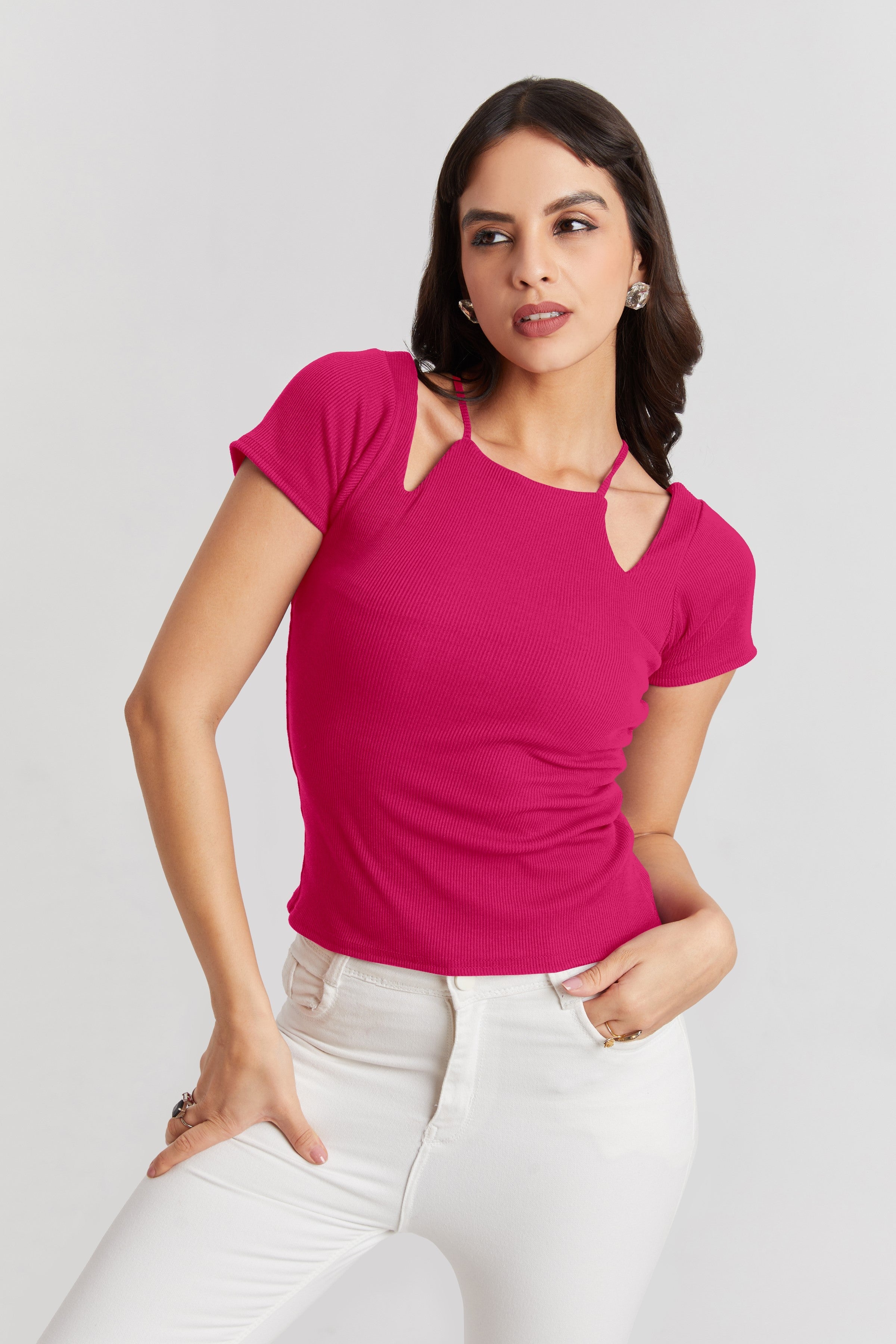 Midnight Pink Ribbed Cutout Top