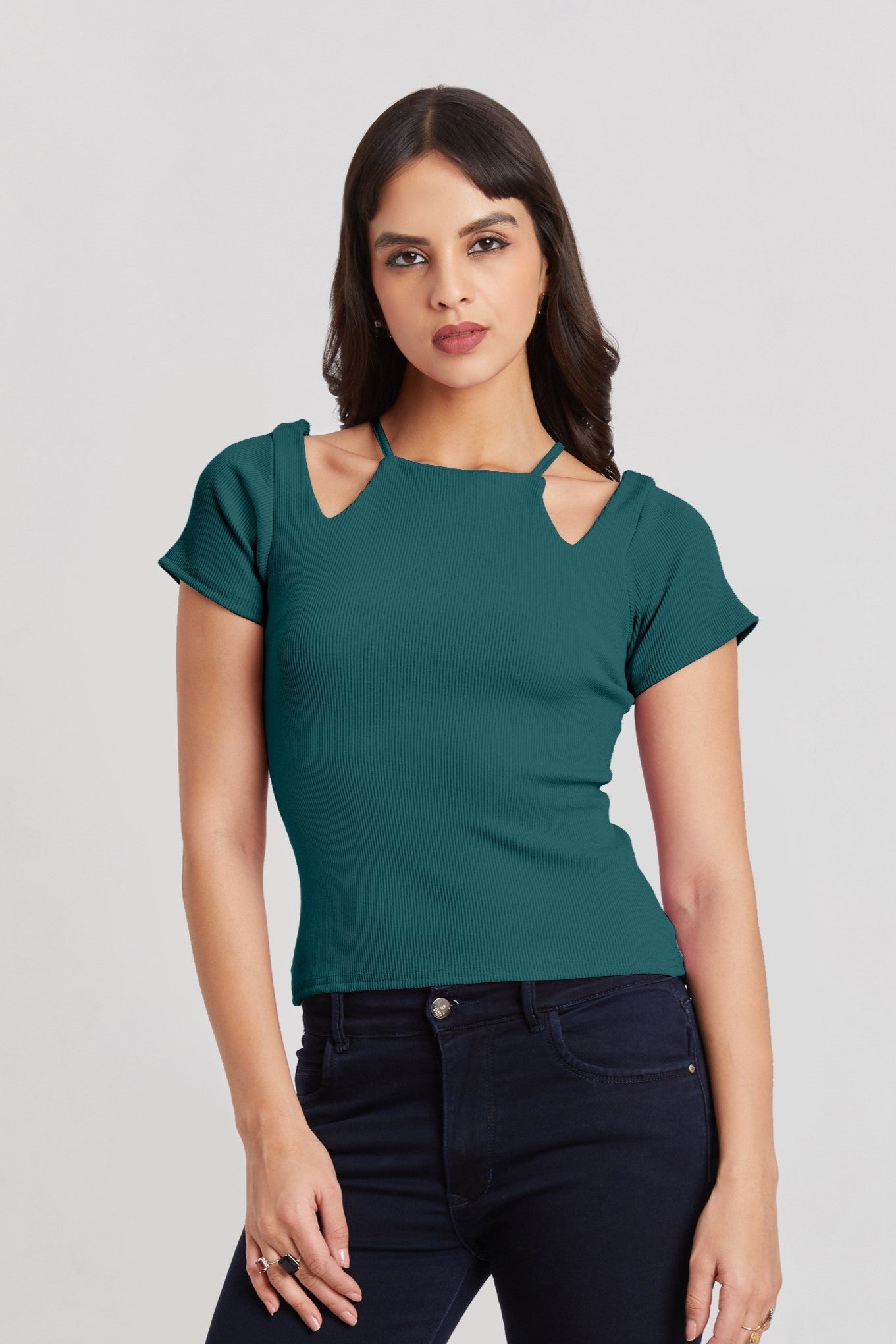 Midnight Tail Green Ribbed Cutout Top