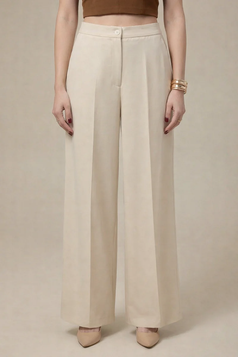 Beige High-Waist Wide Leg Trousers