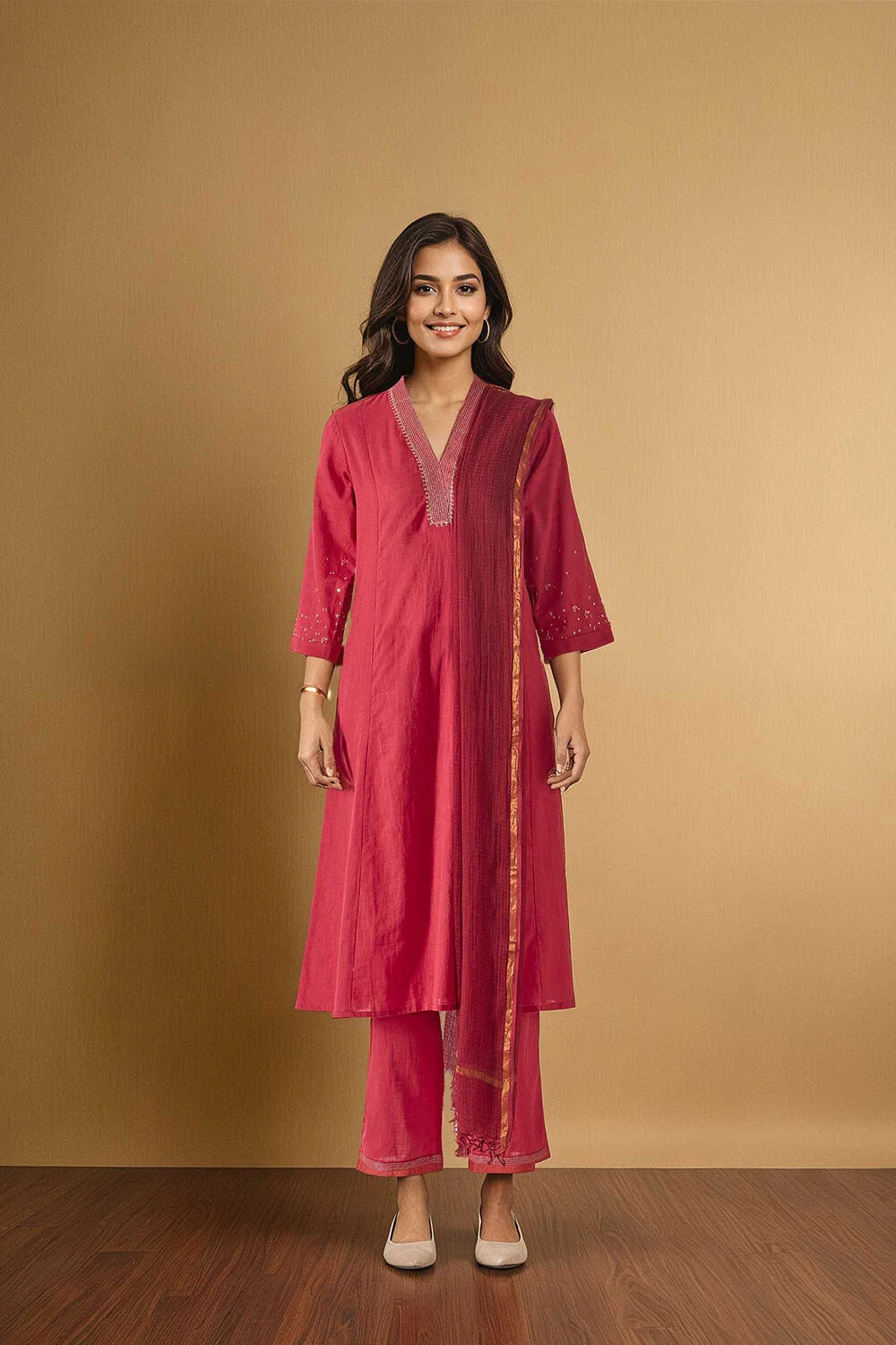 Deep Red Festive Kurta Set with Dupatta