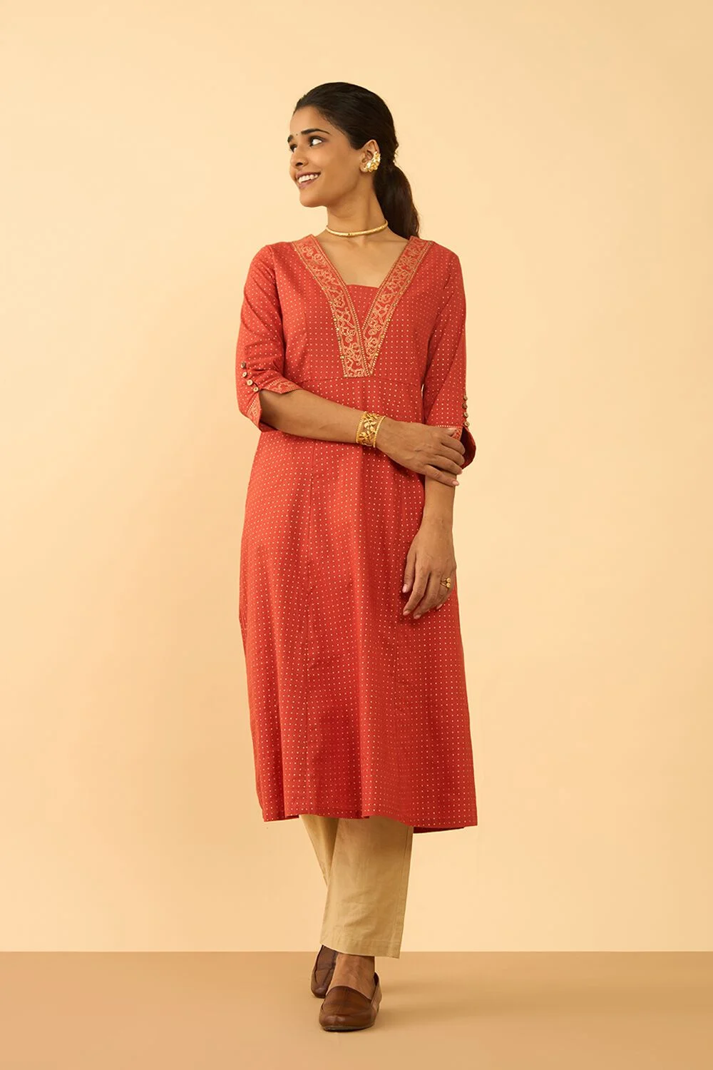 Coral Red Embroidered V-Neck Kurta