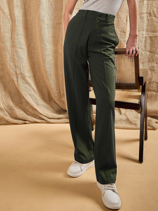 Premium Olive Green High-Waist Straight-Leg Trousers