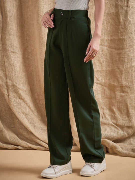 Premium Olive Green High-Waist Straight-Leg Trousers