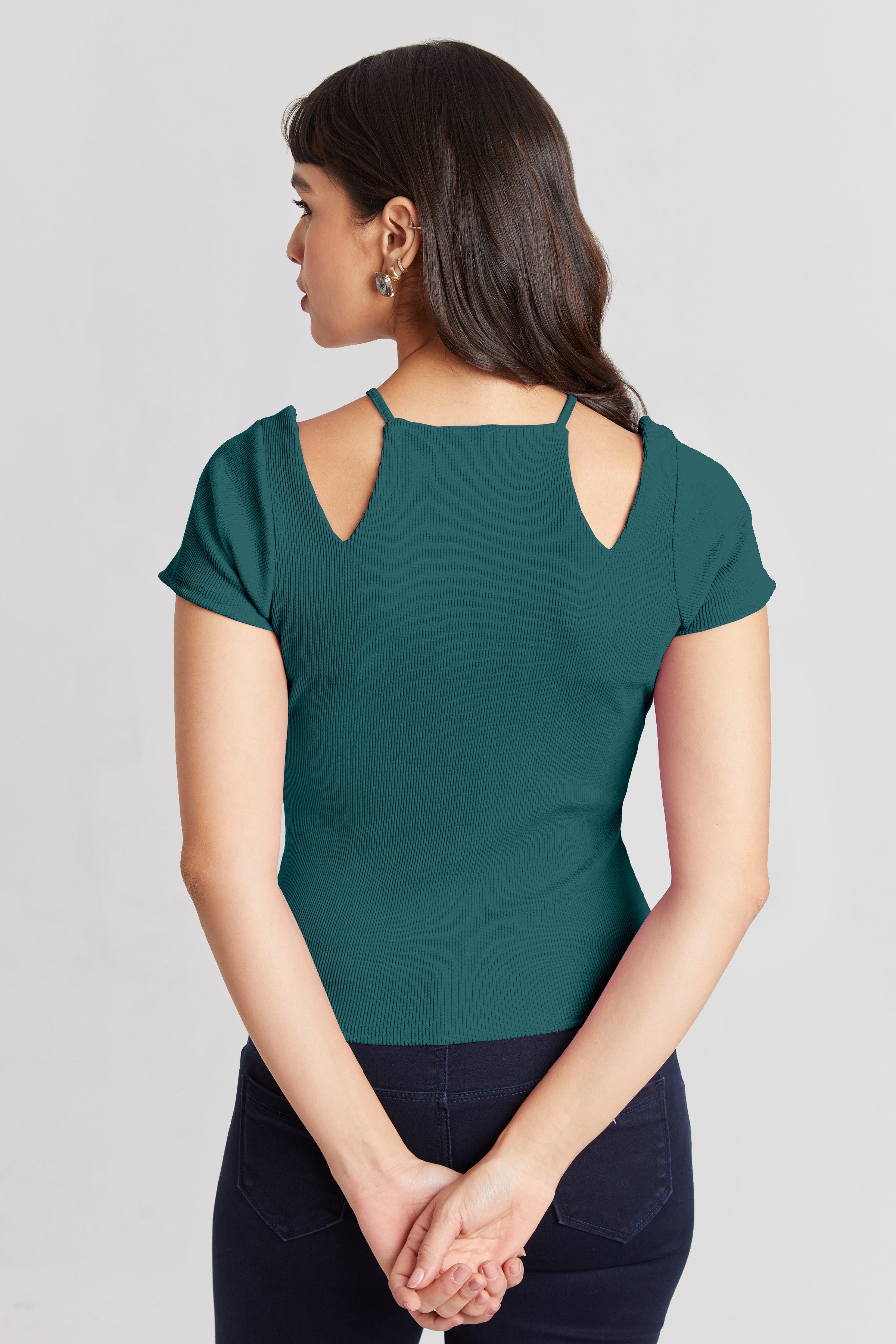 Midnight Tail Green Ribbed Cutout Top