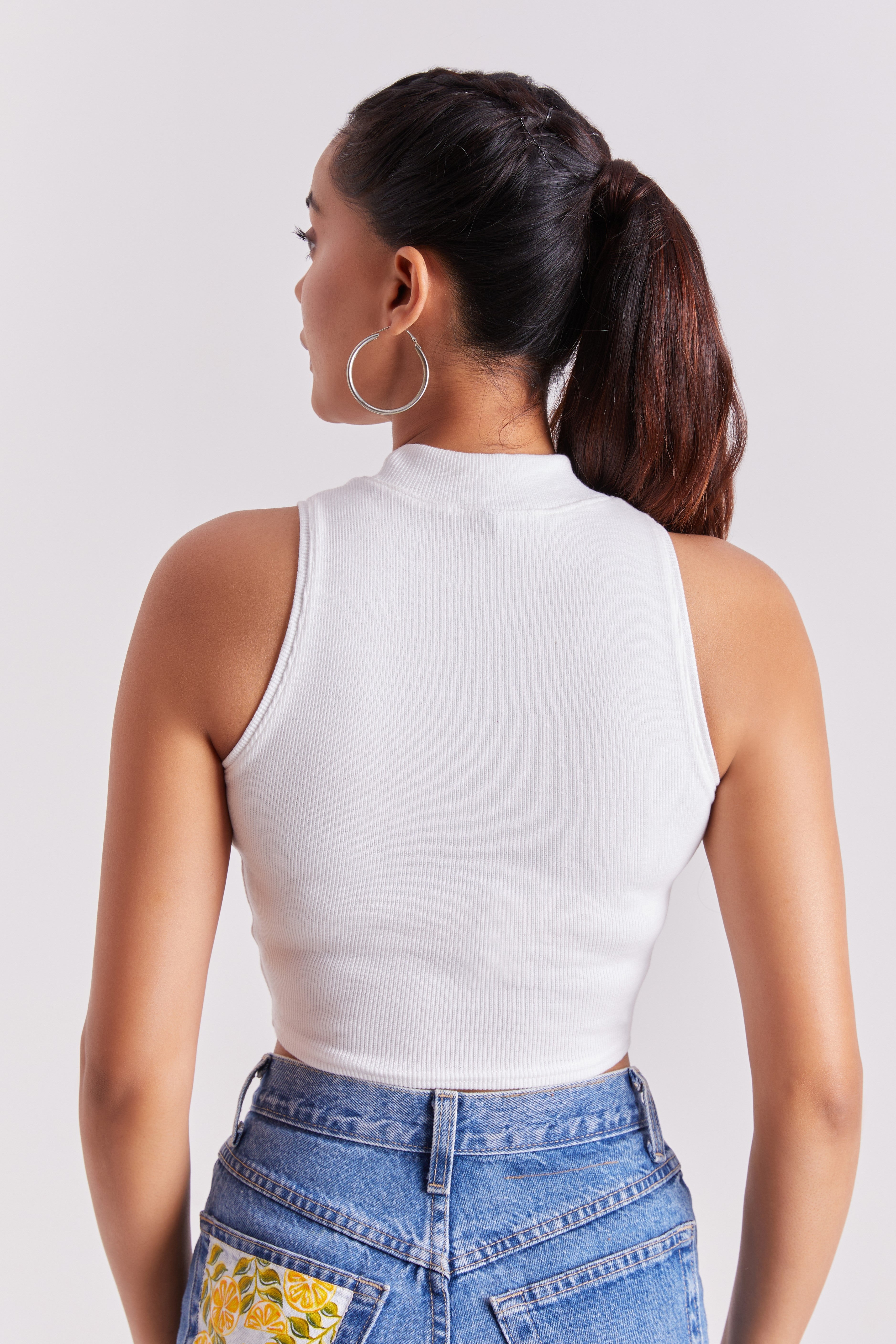 White Ribbed High Neck Sleeveless Crop Top