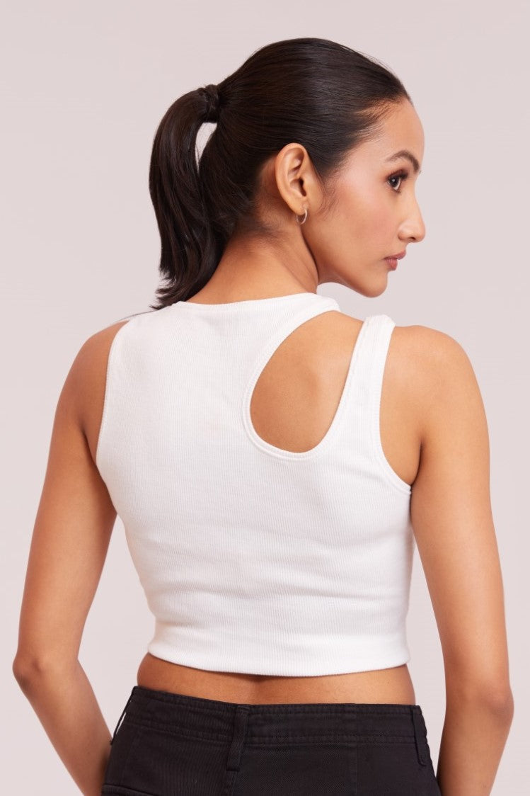 Black-Ribbed Sleeveless Cut-Out Tank Top