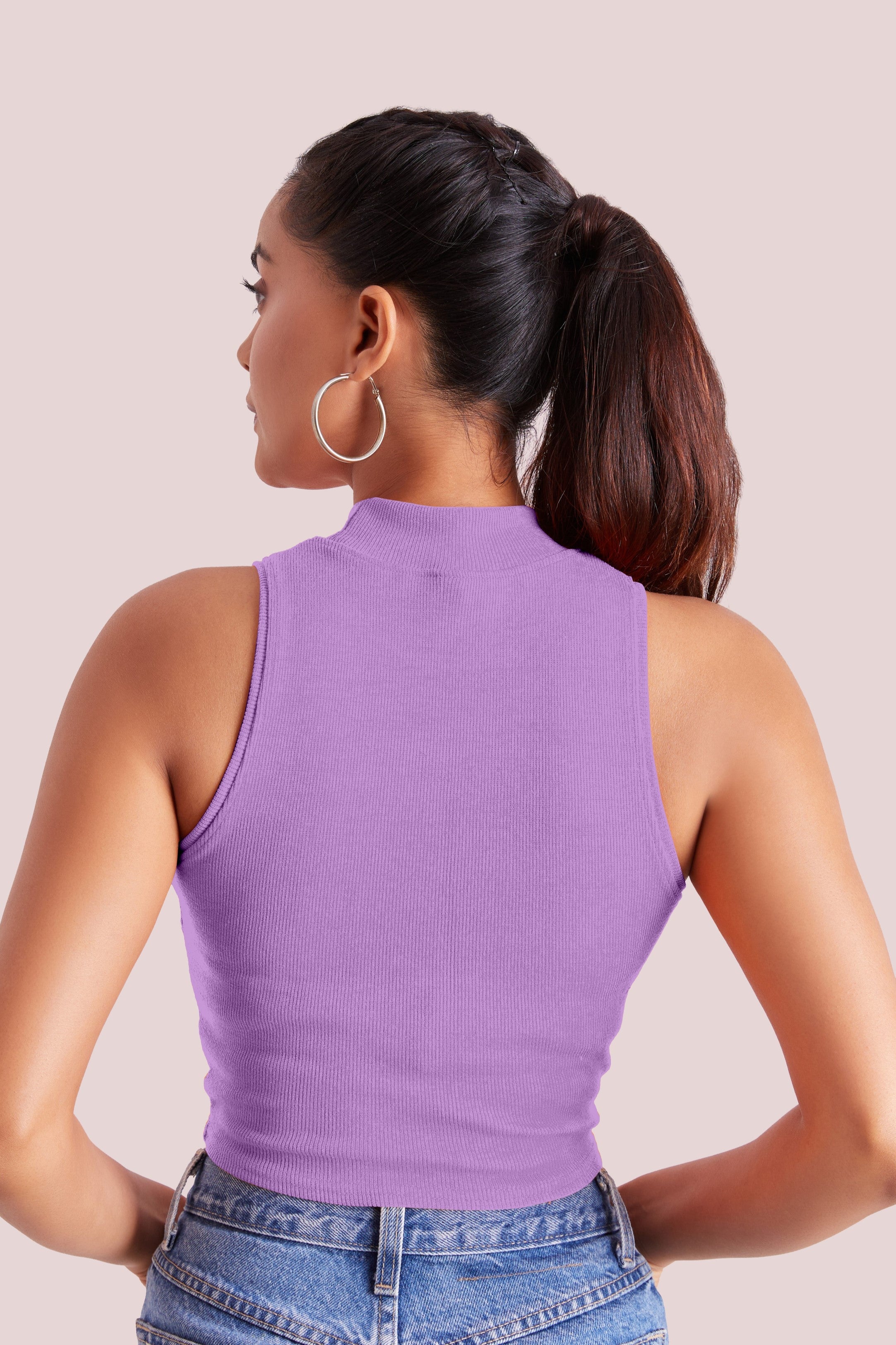 Levander Ribbed High Neck Sleeveless Crop Top