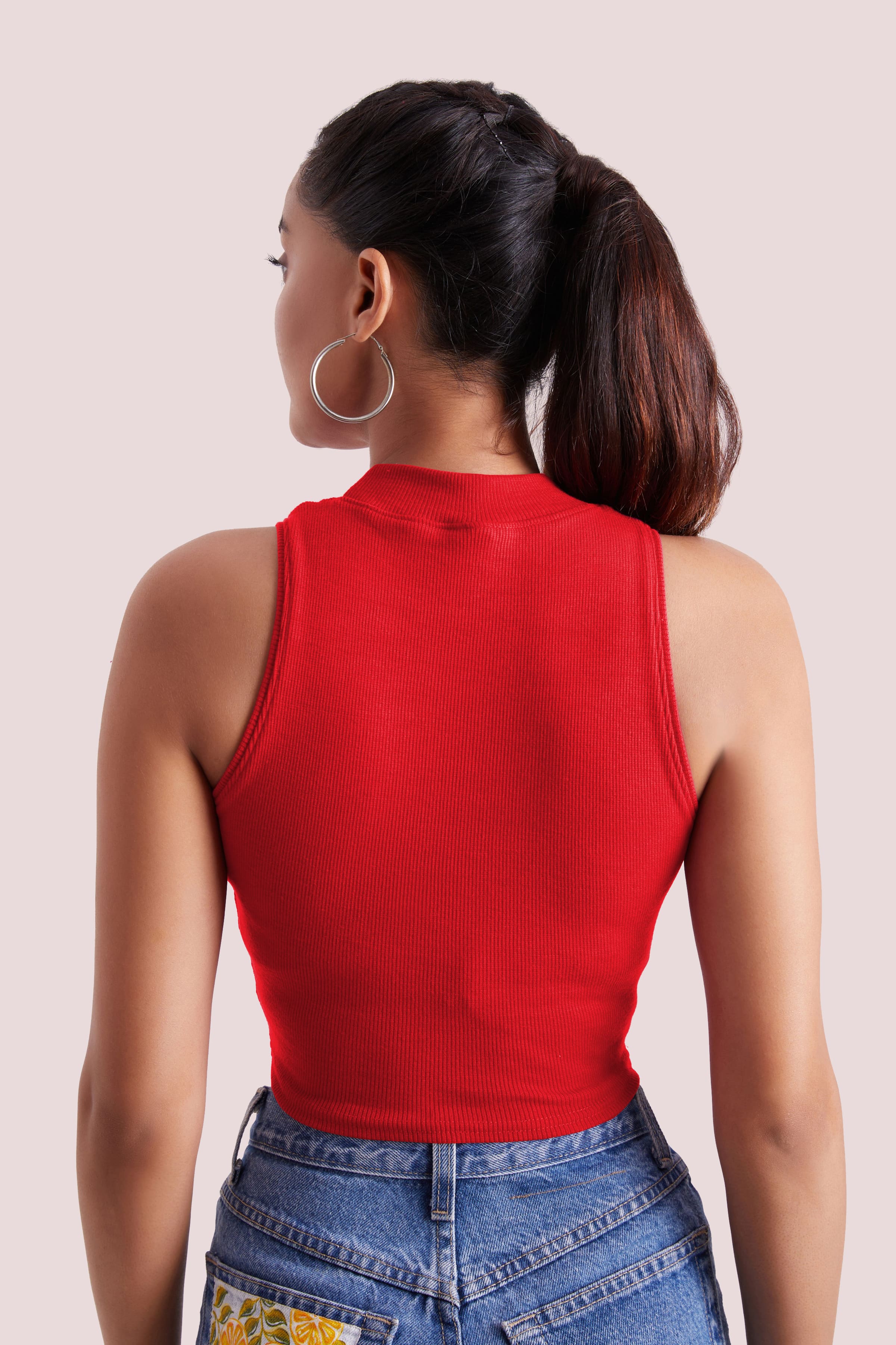 Red Ribbed High Neck Sleeveless Crop Top