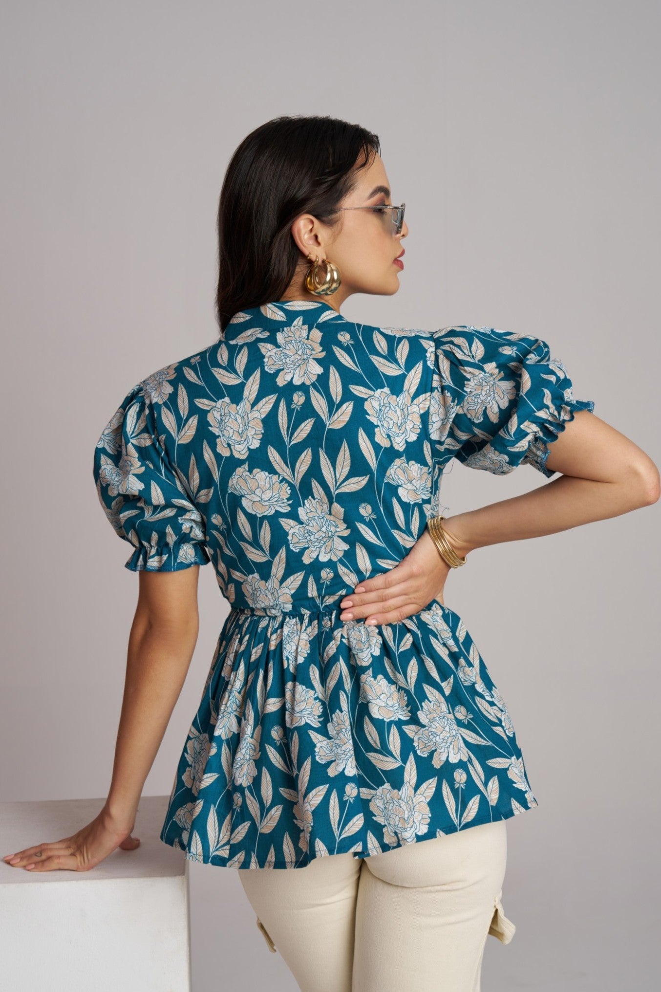 Teal Bloom Puff Sleeve Peplum Top