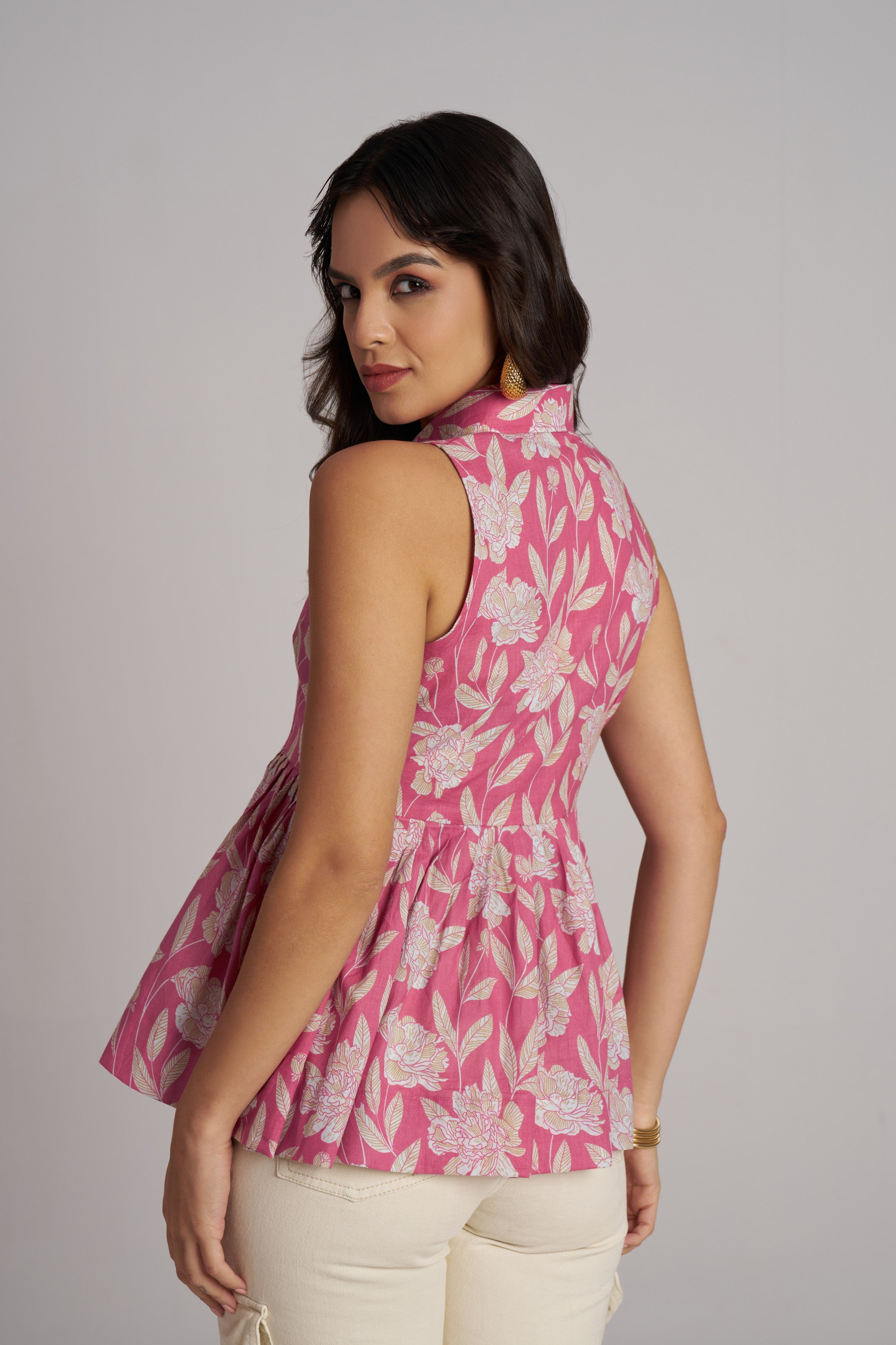 Olive Bloom Sleeveless Peplum Top